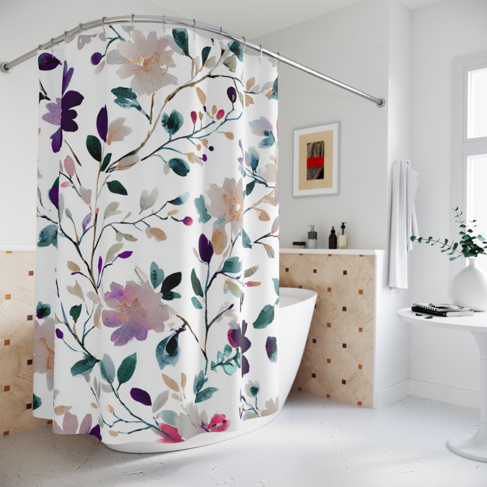 Boho Floral Shower Curtain | Abstract Botanical Watercolor