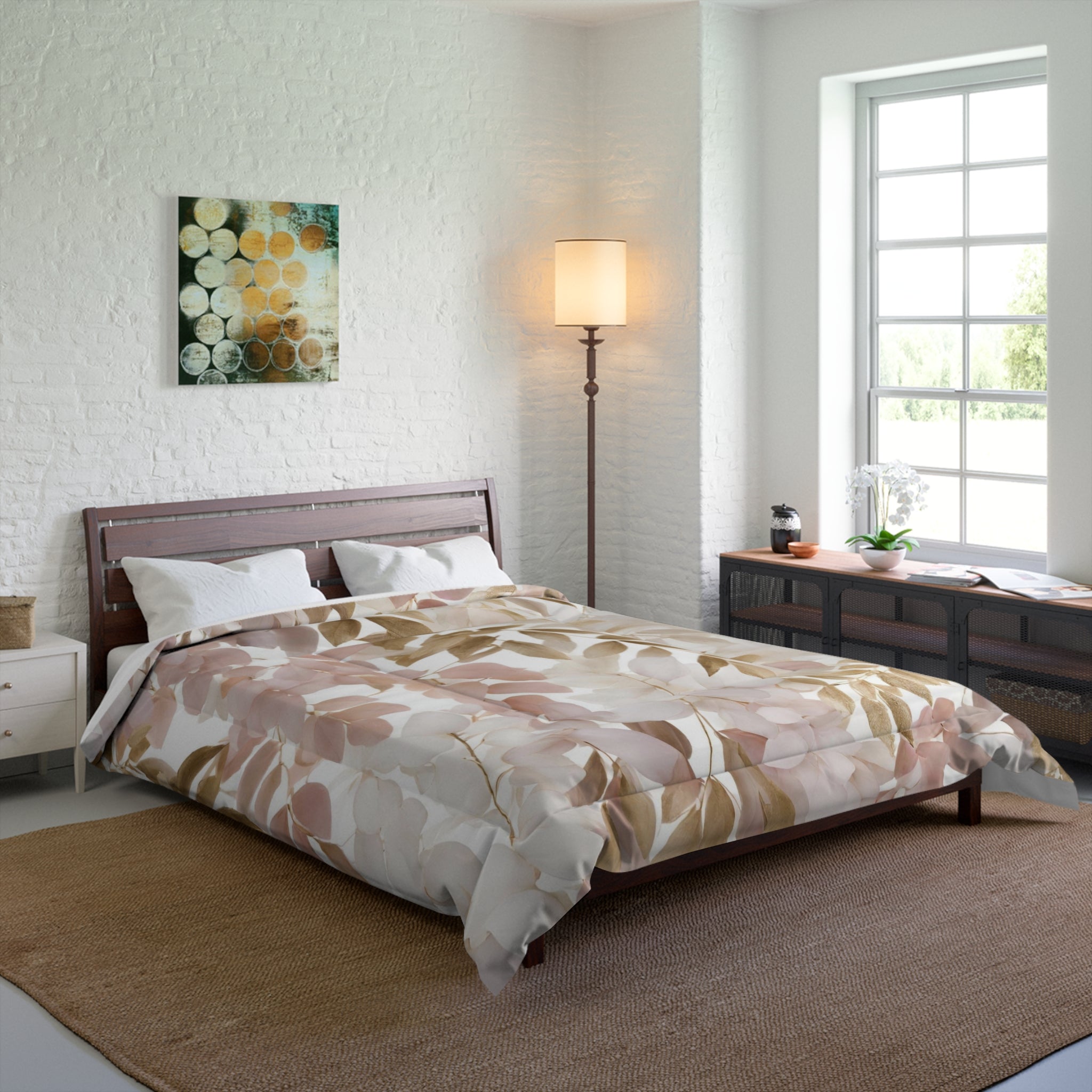 Floral Comforter | Ivory Beige, Blush Pink Jungle Leaves