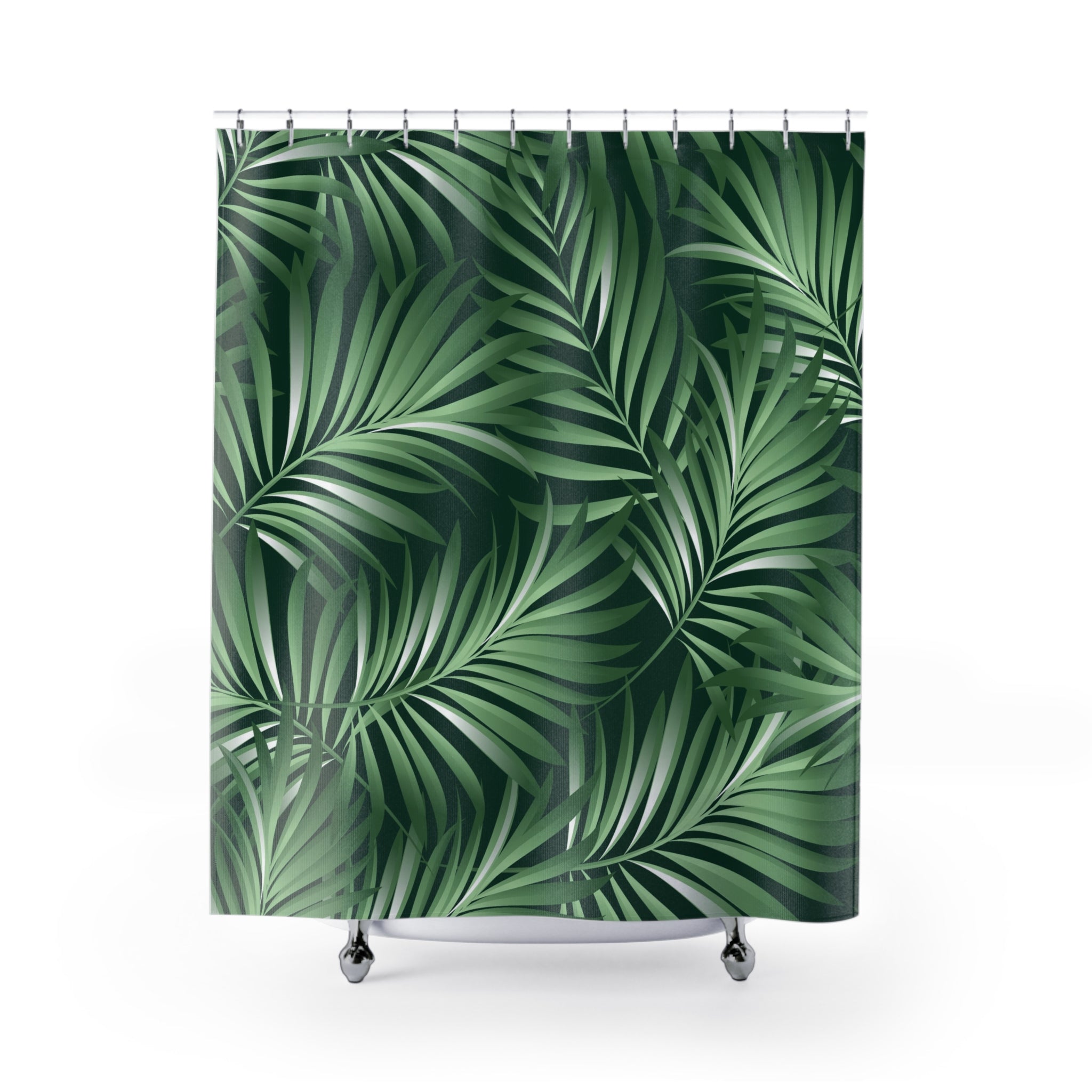A shower curtain with a repeating pattern of green palm leaves against a dark background.