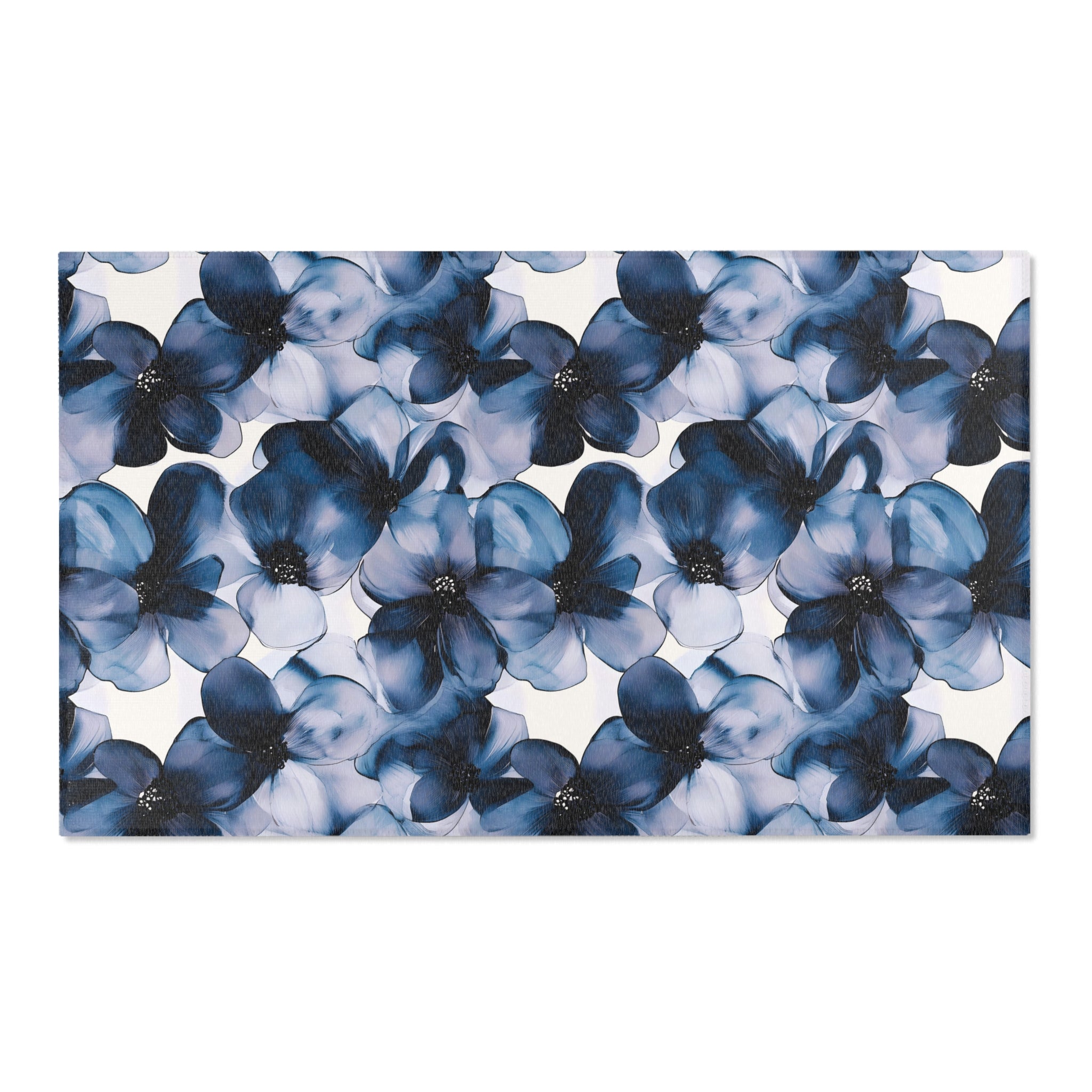Abstract Area Rug | Floral Navy Blue, Liquid Ink Watercolor Artsy Rug