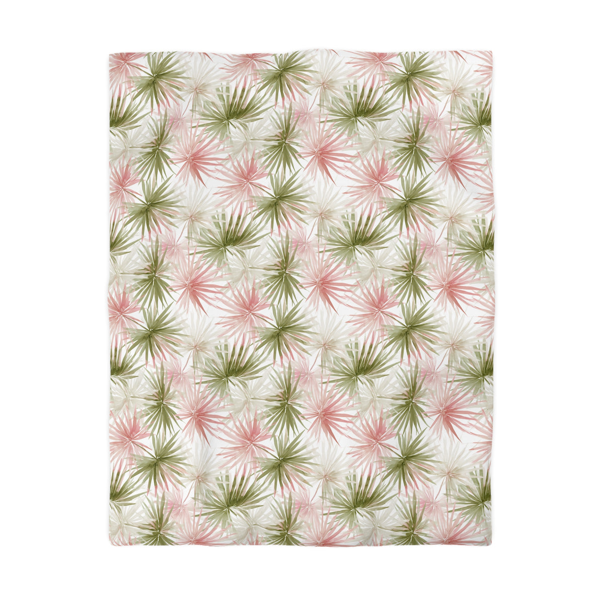 a repeating pattern of green and pink palm leaves against a white background.