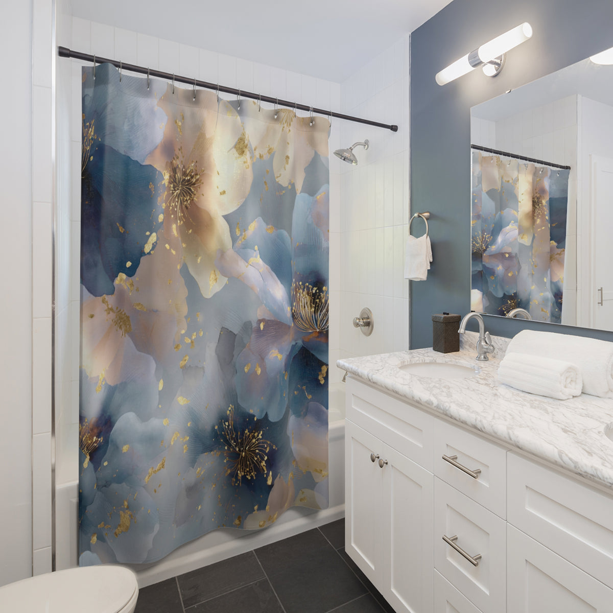 a modern bathroom with a white vanity, a shower curtain featuring a floral pattern, and a mirror above the vanity.