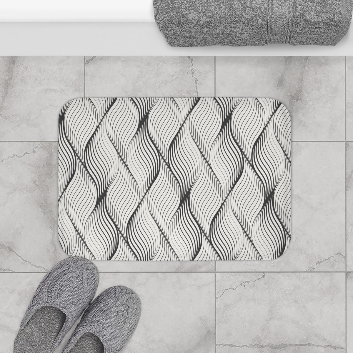 Charcoal Grey Wavy Line Bath Mat, Art Deco Bathroom Rug