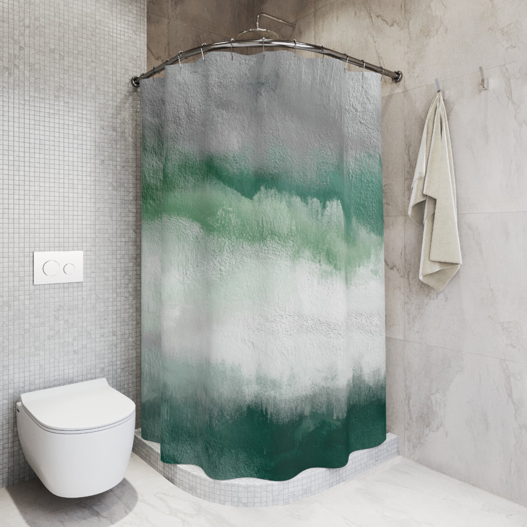 Green Shower Curtain | Flowy Fabric, Abstract Bathroom Decor