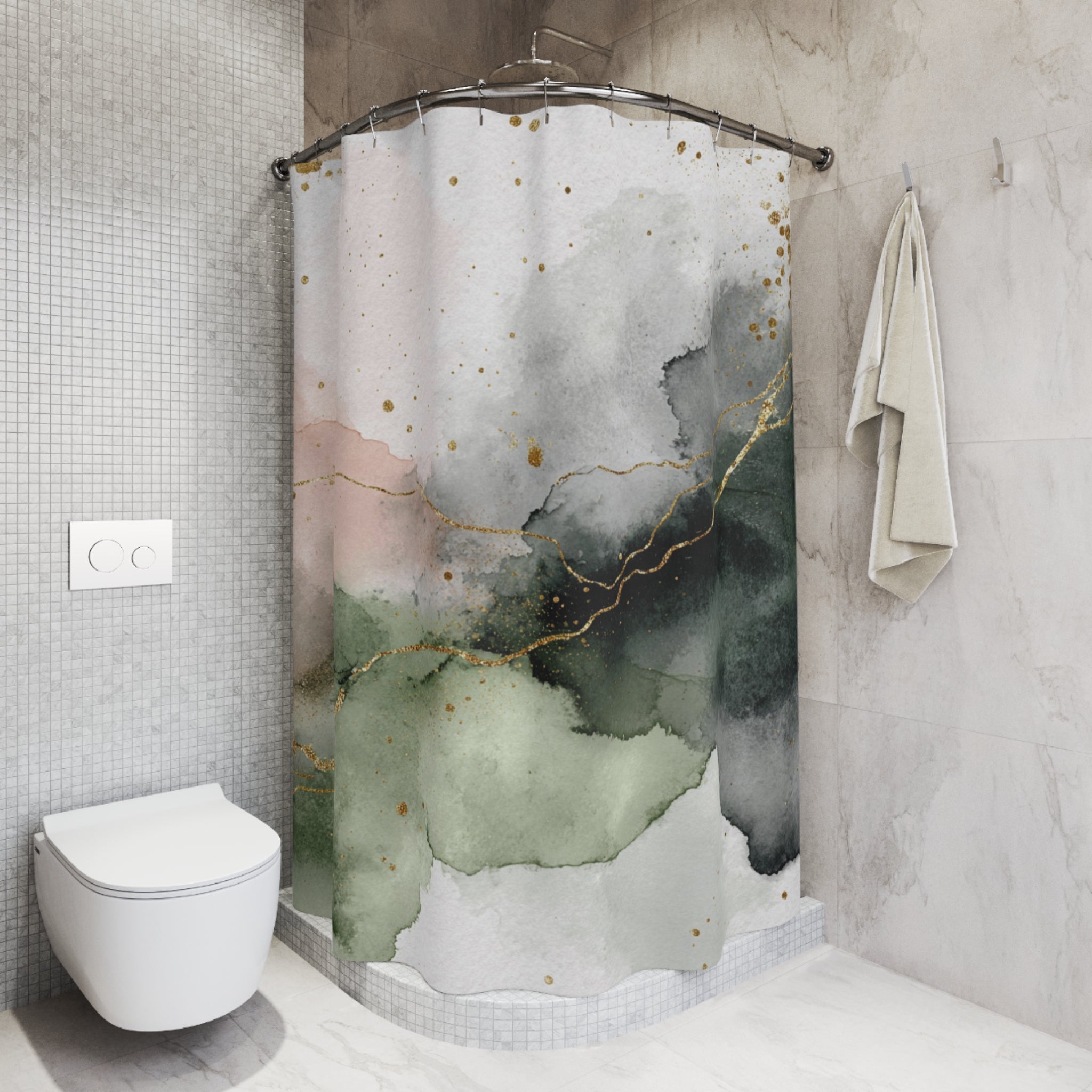 Bathroom with a modern shower curtain featuring abstract design, white toilet, and beige towel.