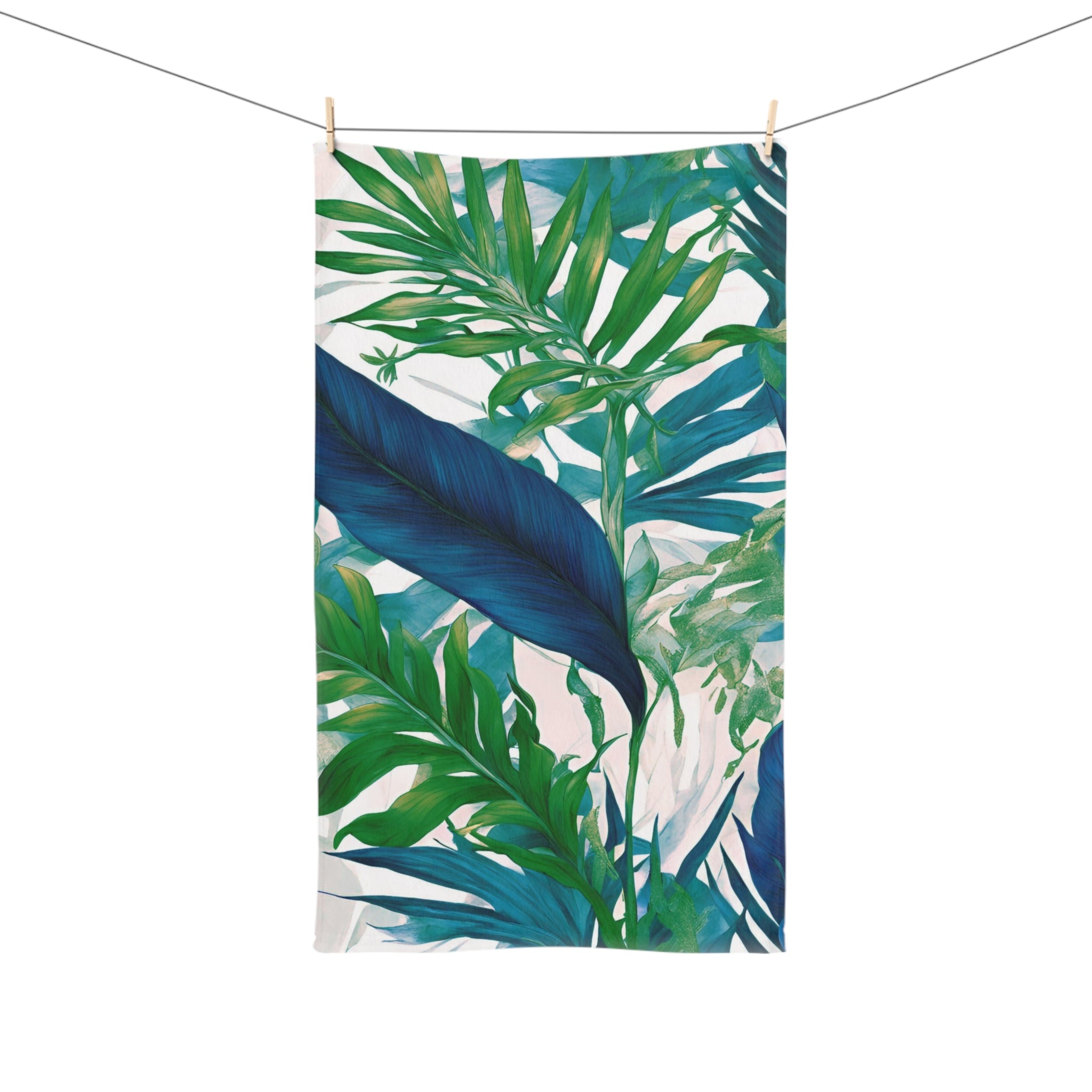 Tropical Floral Kitchen, Bath Hand Towel | Coastal Indigo Blue, Emerald Green