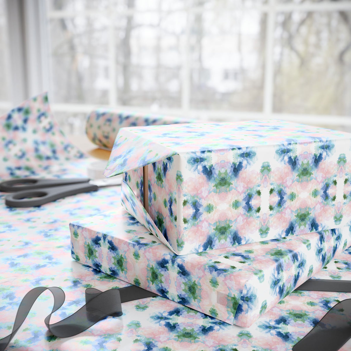 Blush Blue Green Watercolor Wrapping Paper, Mirrored Gift Wrap