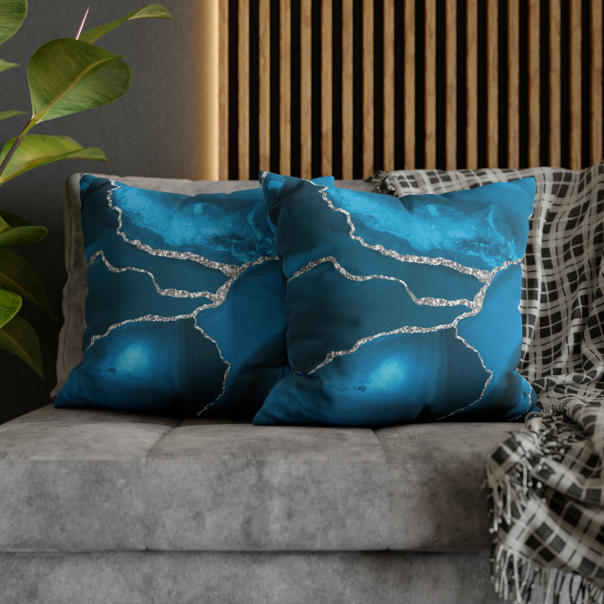 Marble Print Throw Pillow Cover | Blue Silver