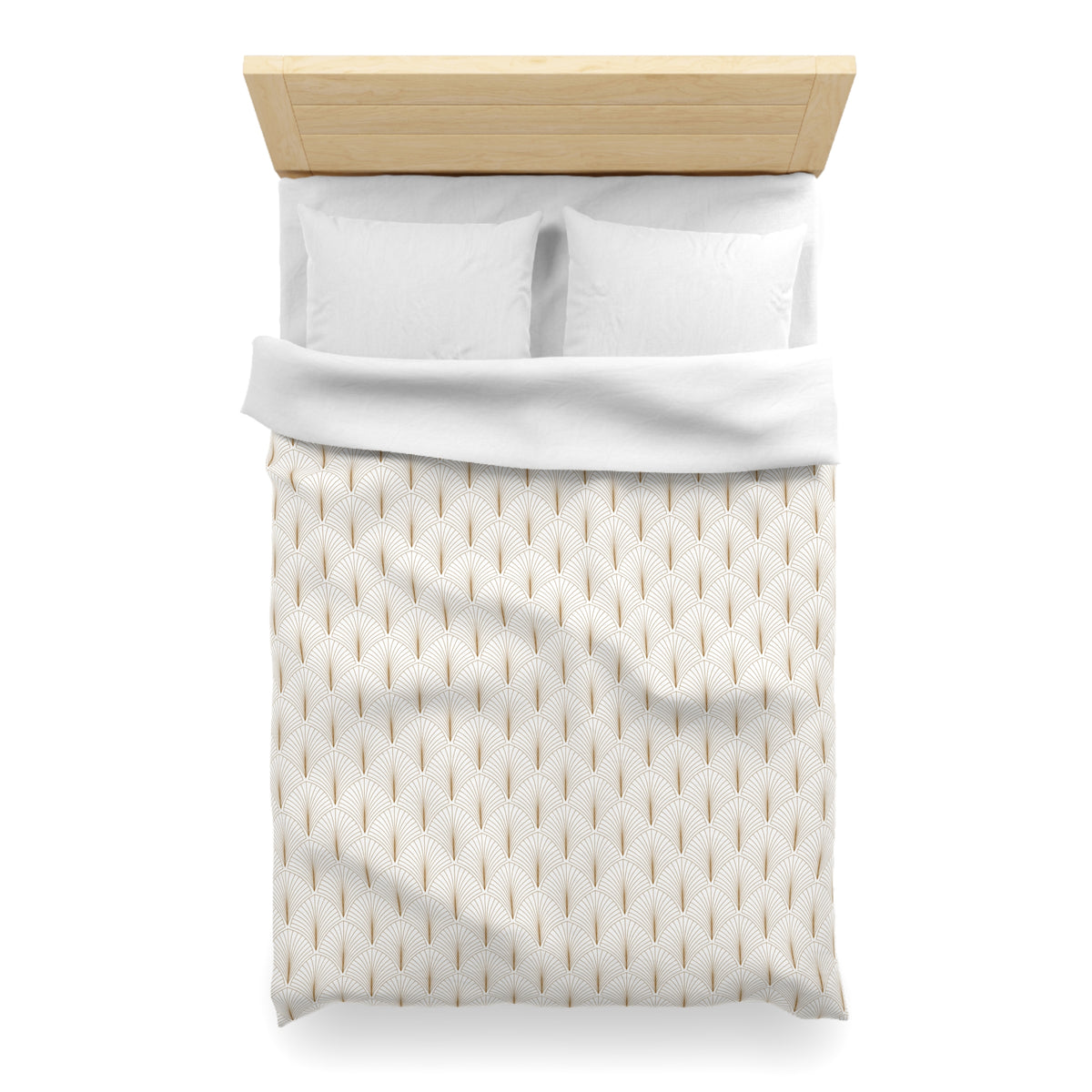 A neatly made bed with a white comforter and pillows, featuring a geometric pattern in shades of white and beige.