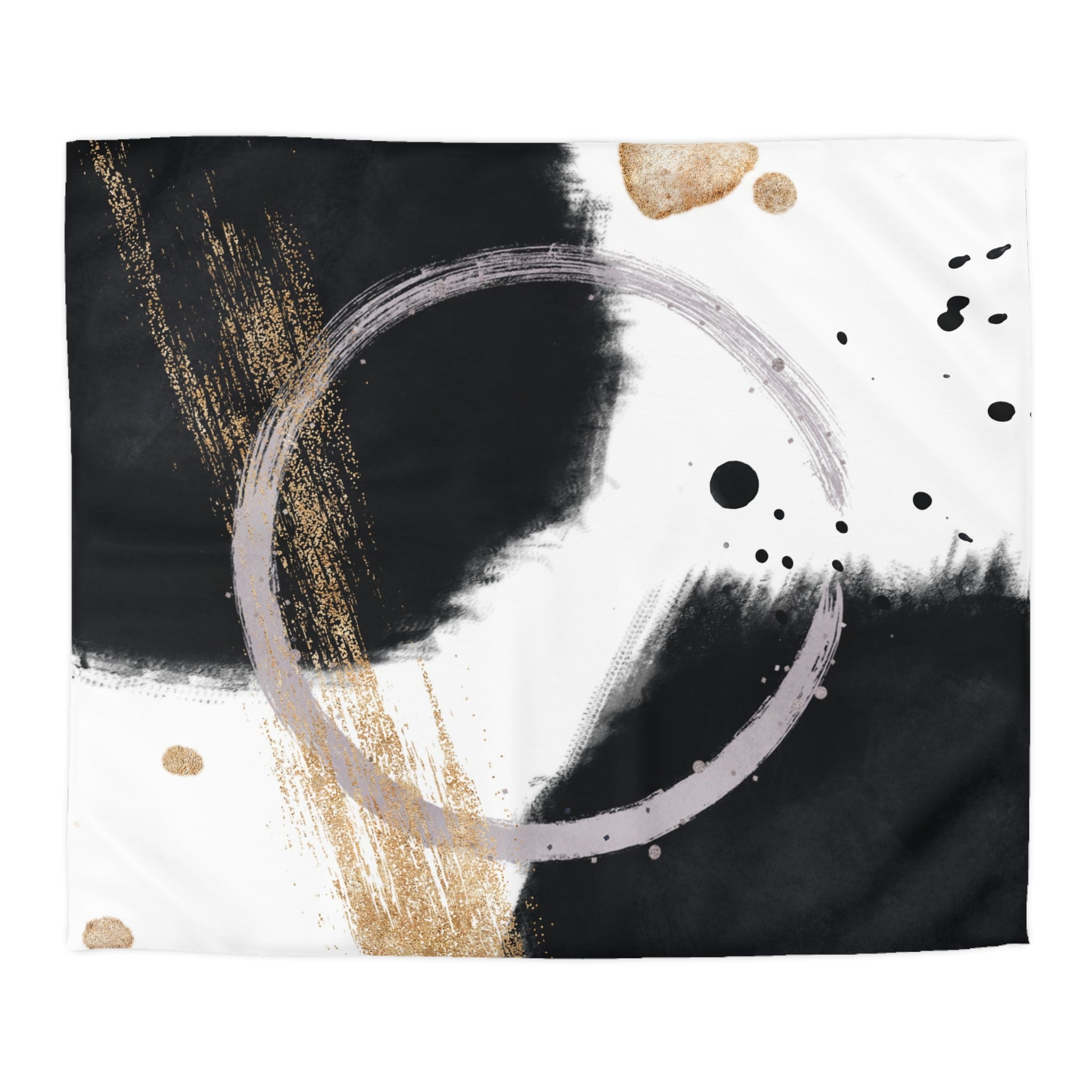 The image is an abstract art piece with a black and white color scheme. It features a large circular shape in the center, surrounded by splatters of gold and black paint. The overall composition is minimalistic and visually striking.