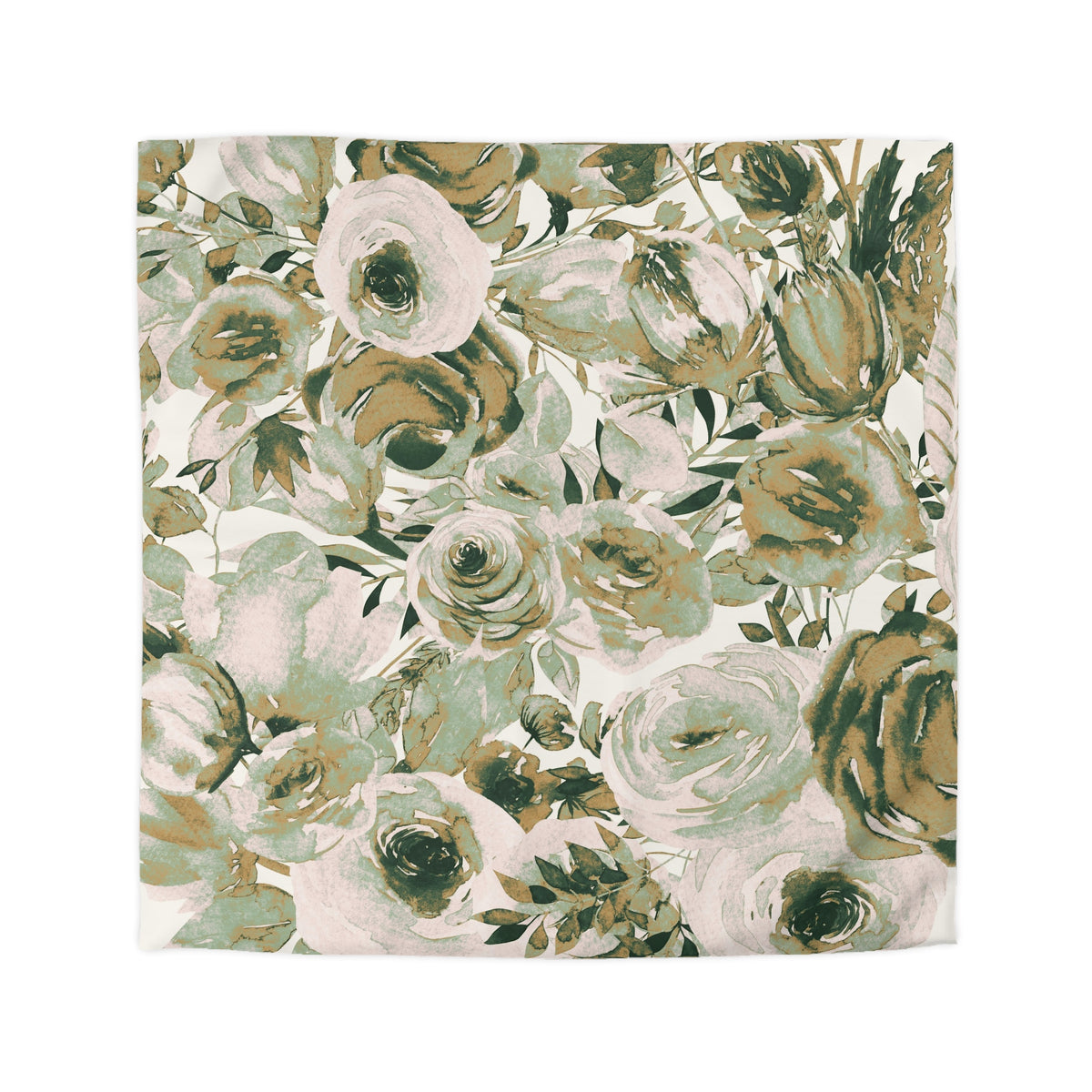 a floral pattern with various shades of green and brown flowers and leaves.