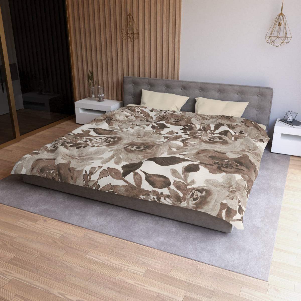 Taupe Peony Duvet Cover | Mocha Brown Watercolor Floral Bedding