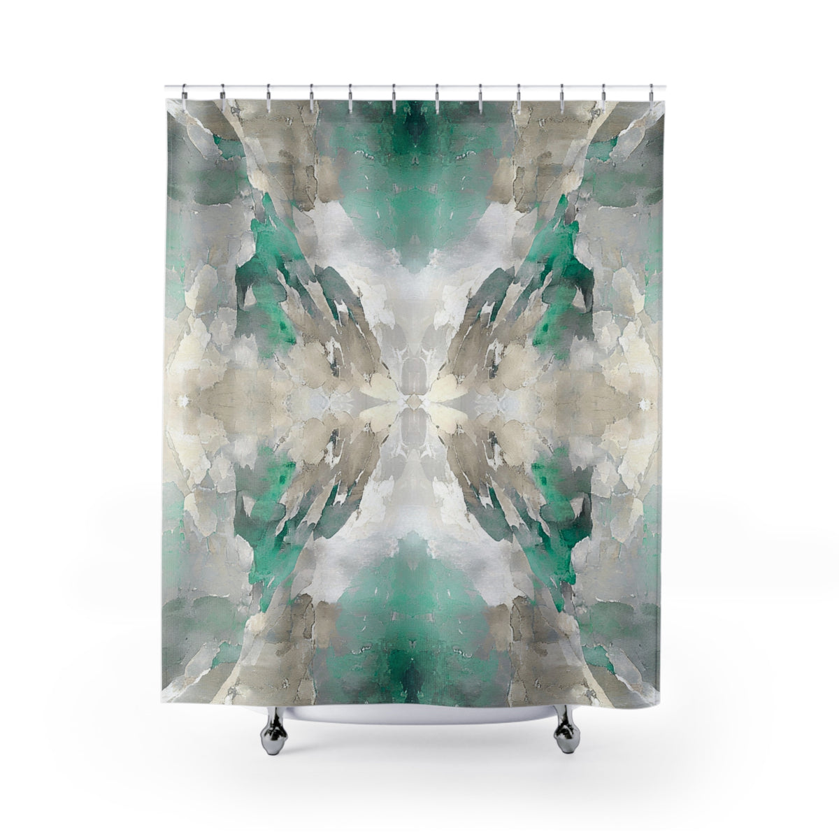 a square shower curtain with a vibrant abstract pattern in shades of green, gray, and white.