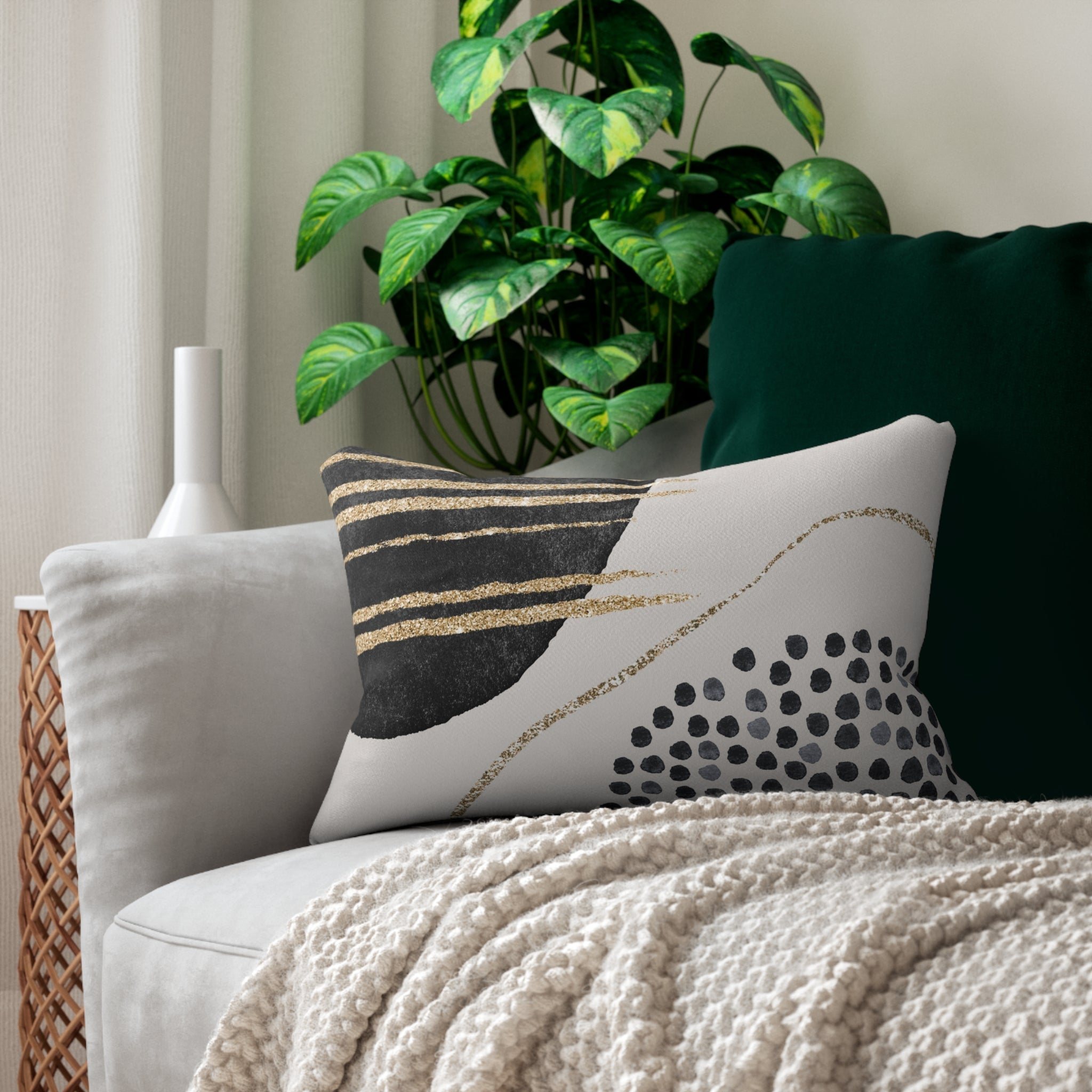 Abstract Lumbar Pillow | Grey Black, Muted Gold Beige Watercolor