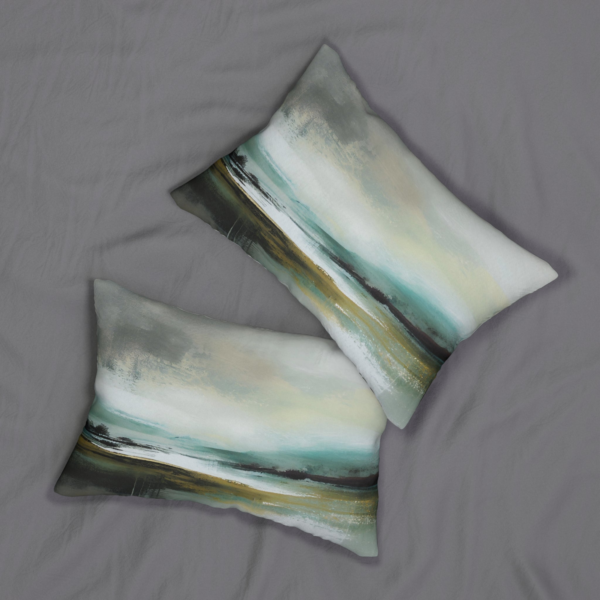 Boho Lumbar Pillow | Abstract Landscape, Grey Teal Green