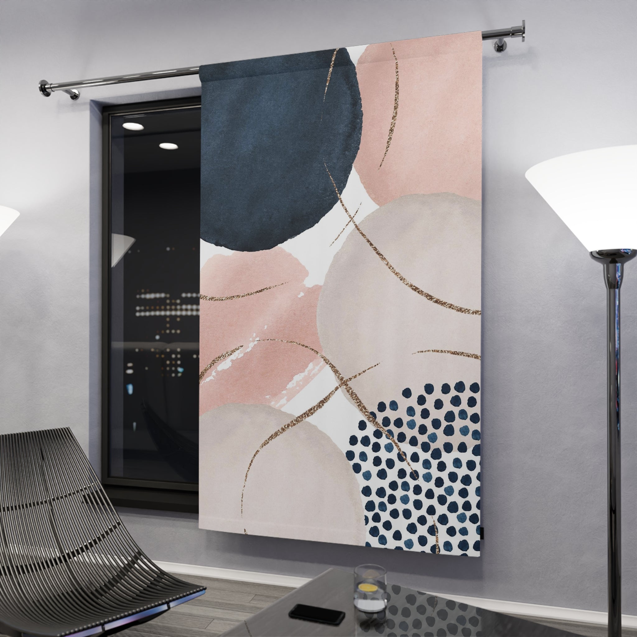 Abstract Window Curtains | Blush Pink, Navy Blue Ivory
