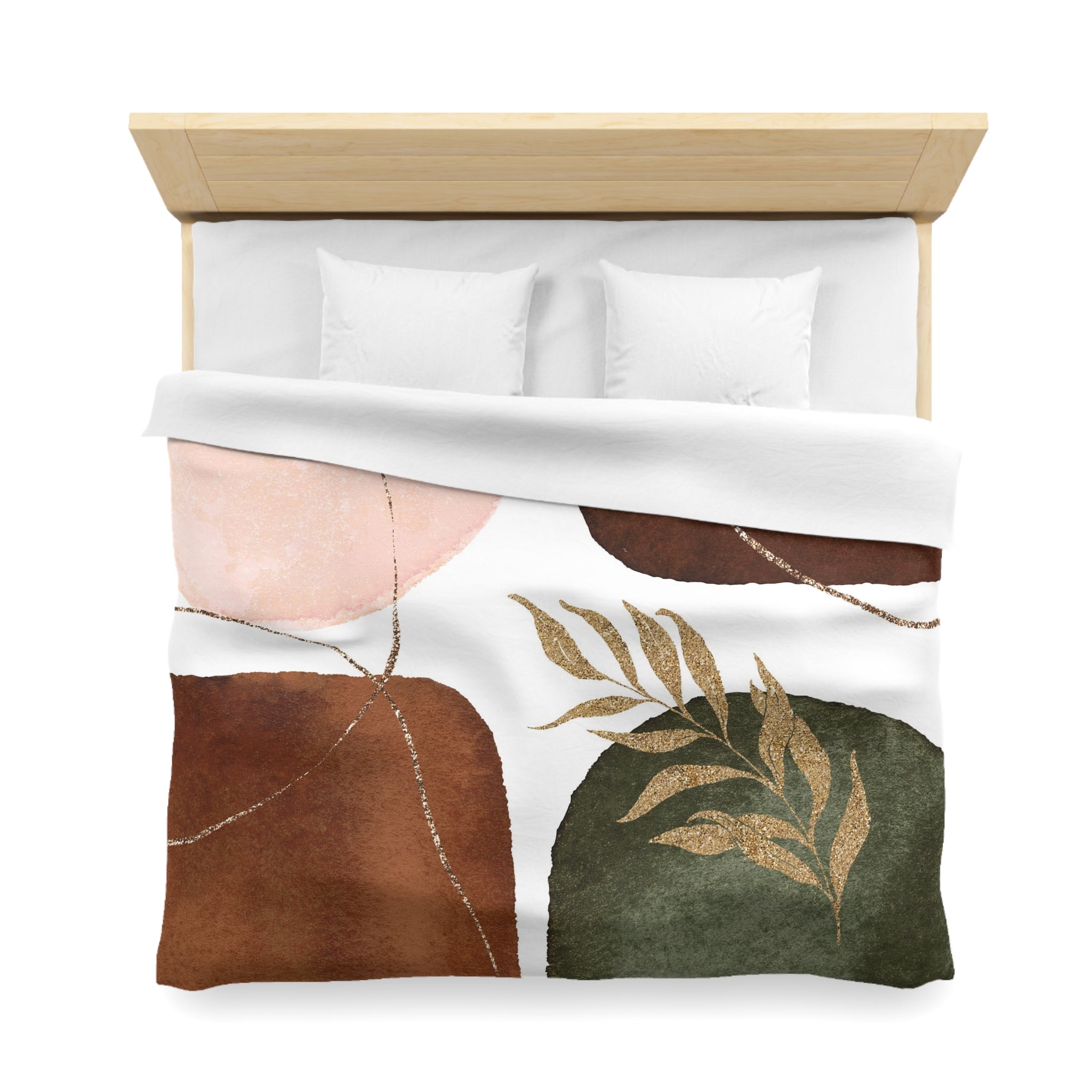 a neatly made bed with a white comforter and two pillows. The bed has a wooden headboard and a colorful abstract design on the comforter, featuring a mix of brown, green, and pink colors.