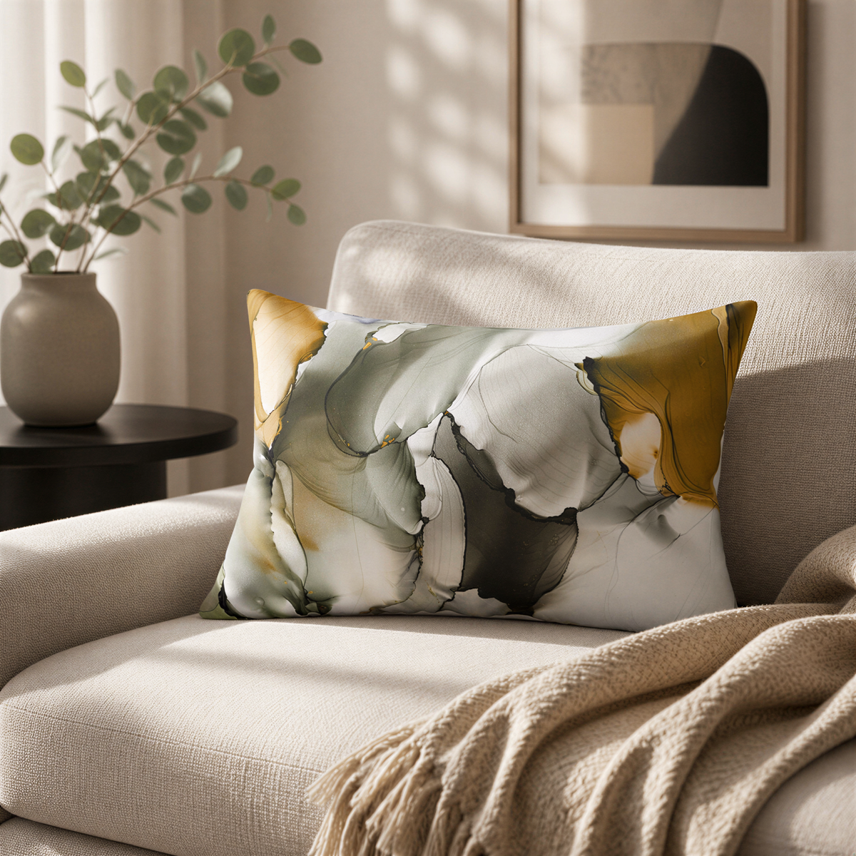 a living room with a beige sofa, a decorative pillow with a colorful abstract pattern, and a plant in a vase on a side table.
