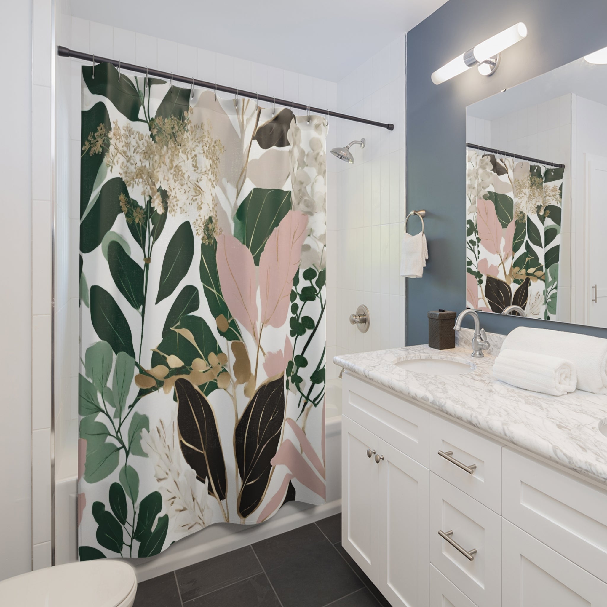 Floral Shower Curtain | Green, Black Pink Leaves