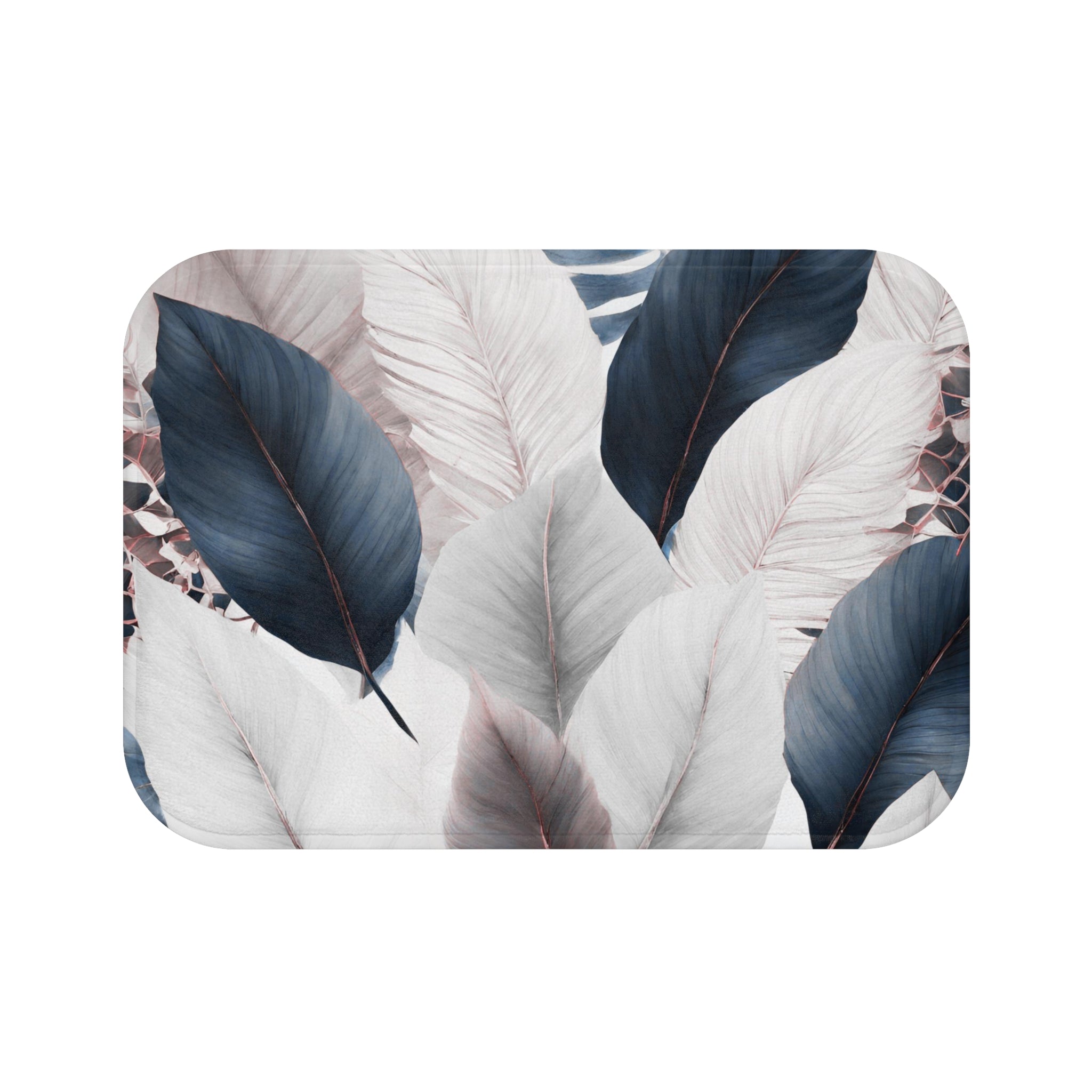 Boho Bath, Kitchen Mat | Modern Navy Blue White Grey, Leaves