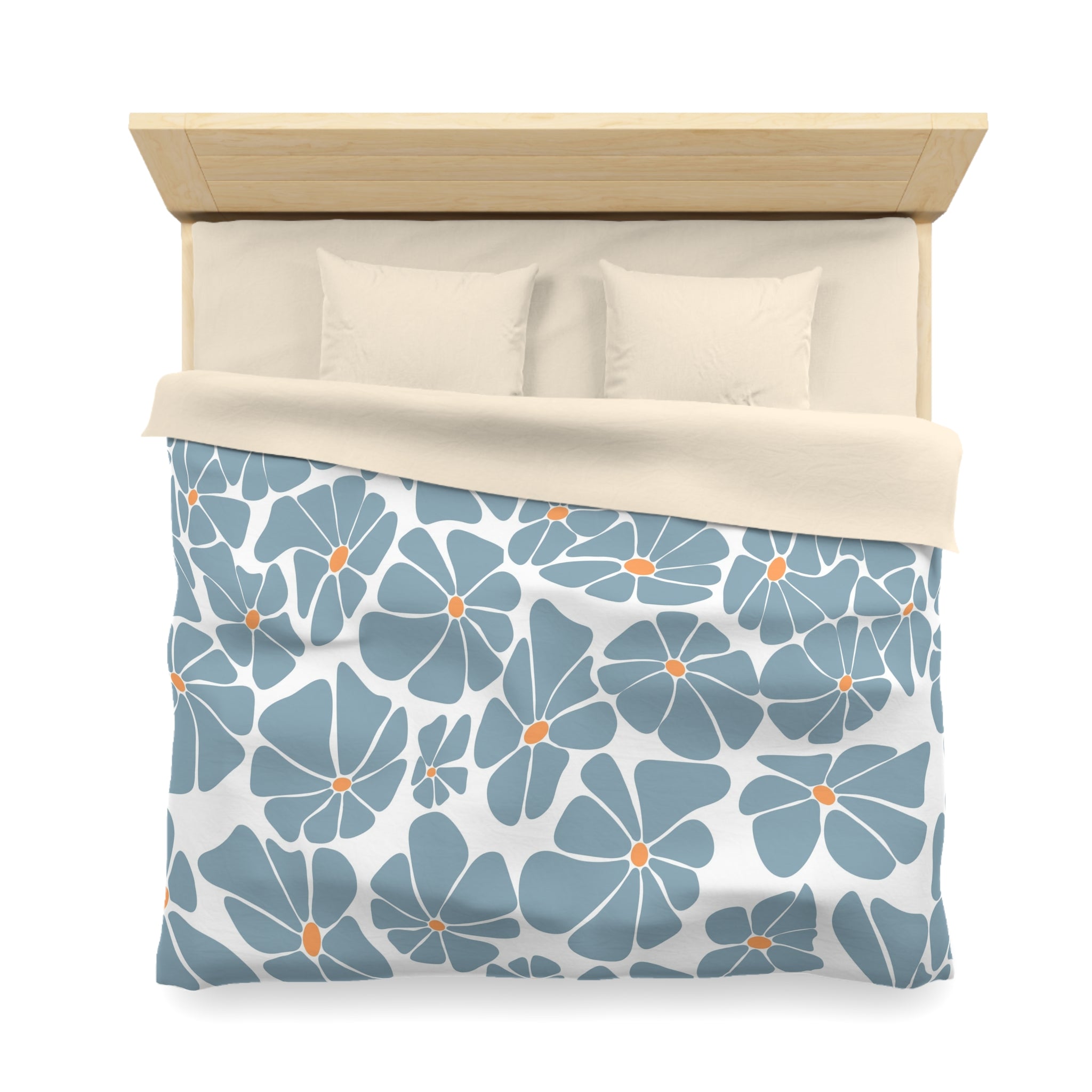 Retro, Floral Duvet Cover | Powder Blue White Orange Bedding | Bedroom Decor