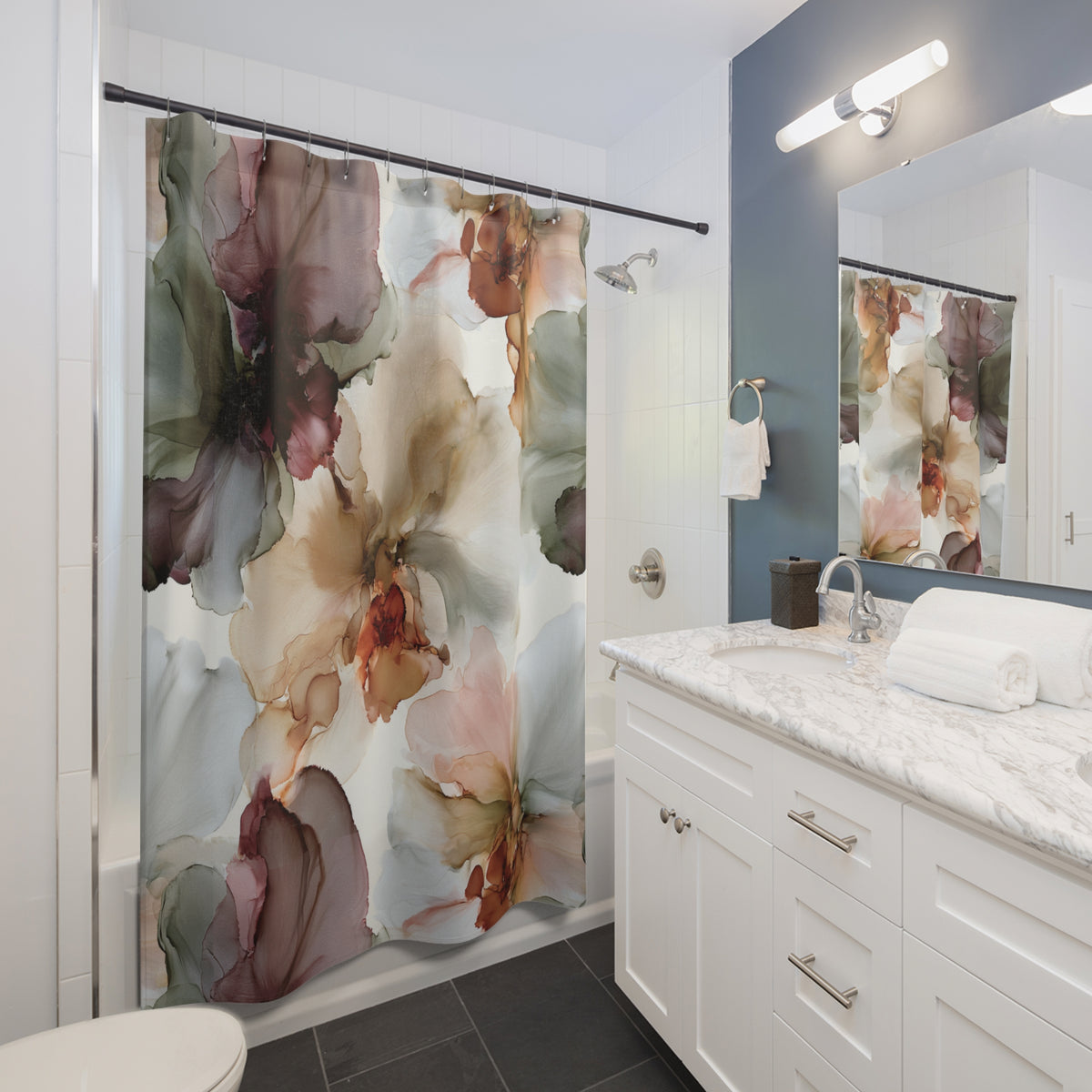 Mauve Sage Muted Floral Shower Curtain, Bath Curtain 71x74