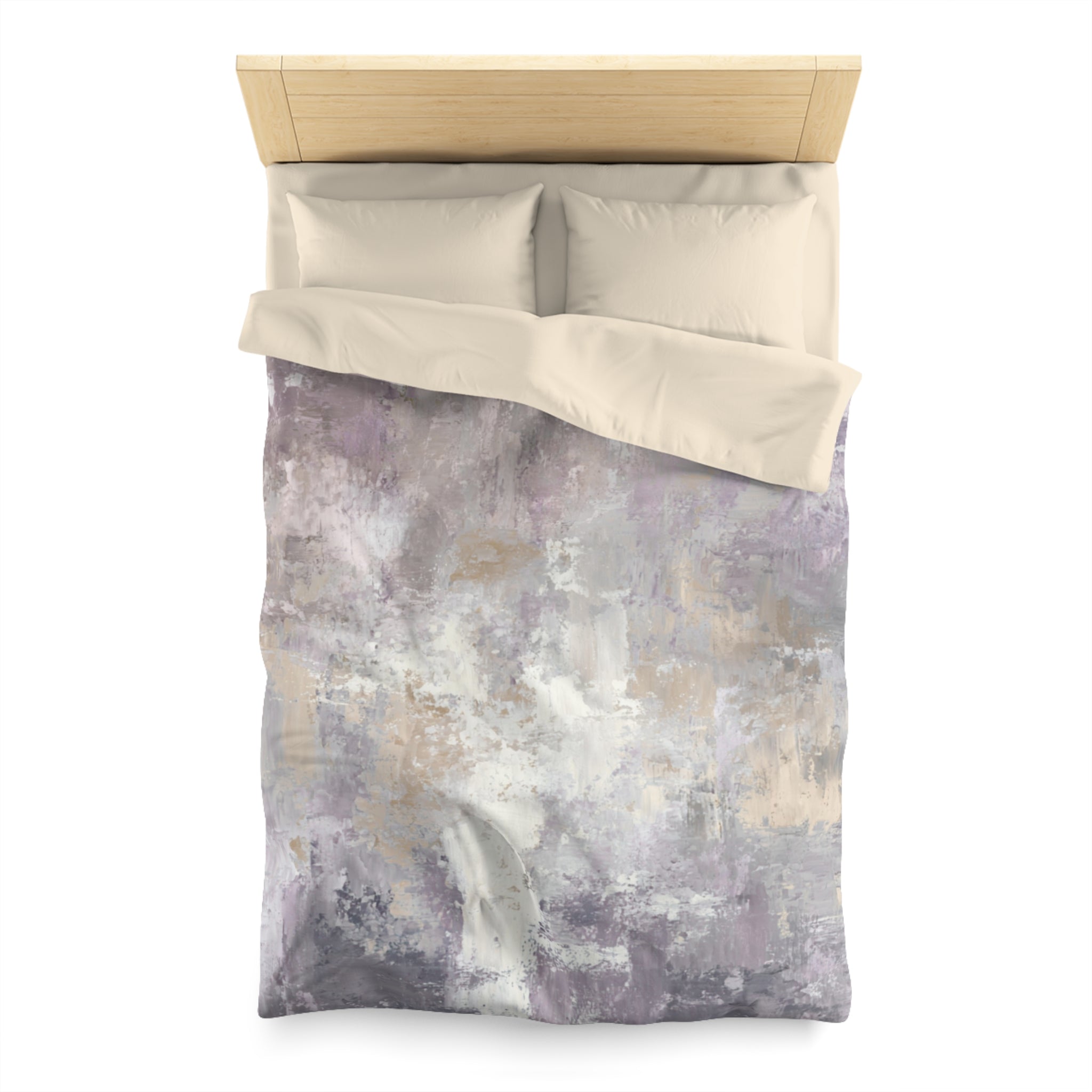 a bed with a purple and white abstract painting as the bedspread.