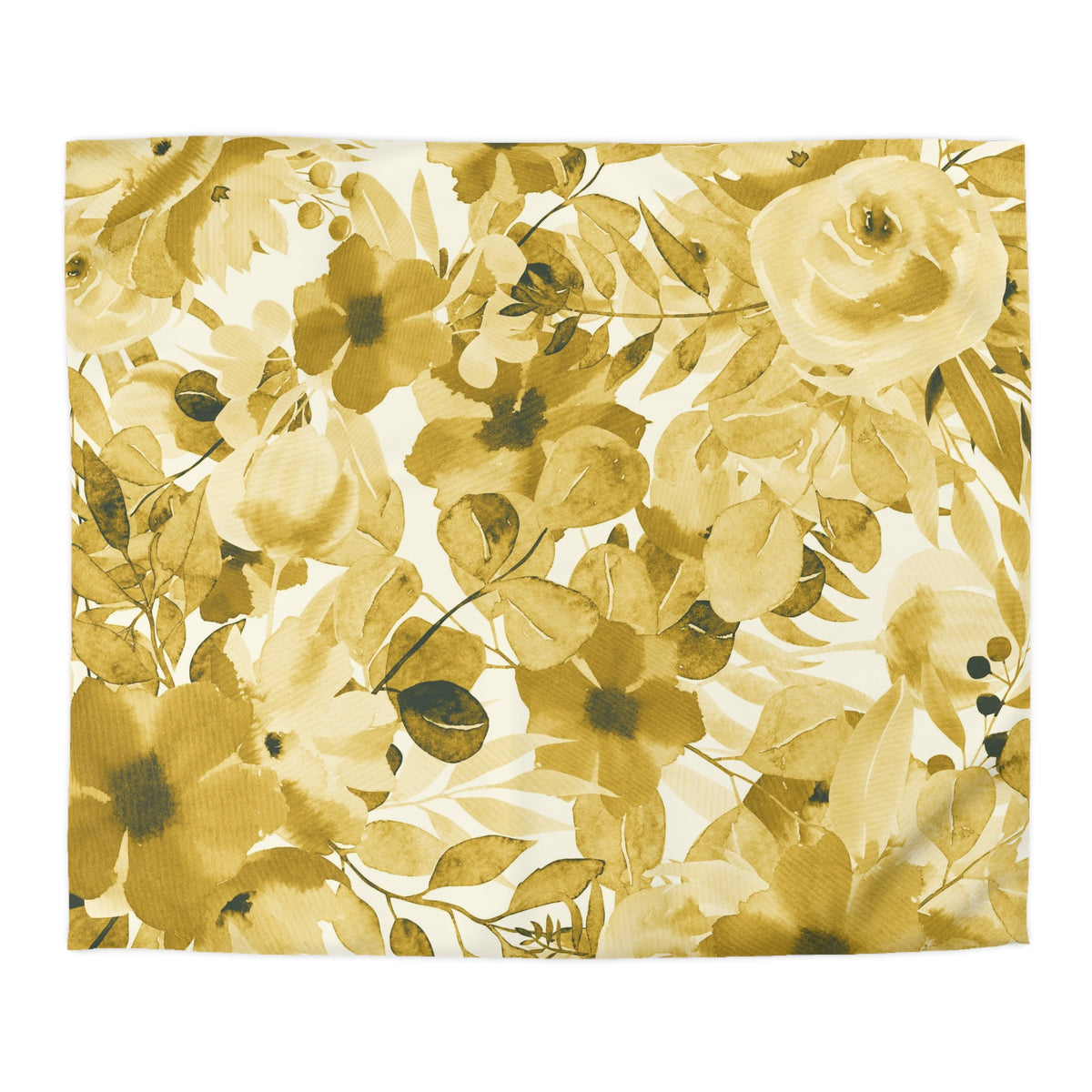 a floral pattern with various shades of yellow and brown flowers and leaves.