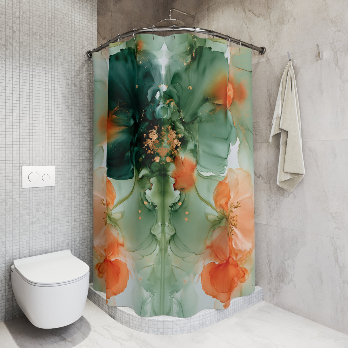 a bathroom with a shower curtain adorned with a vibrant floral pattern in shades of green and orange. The shower curtain is hanging on a rod next to a towel rack. The bathroom also includes a toilet and a sink, creating a functional and stylish space.