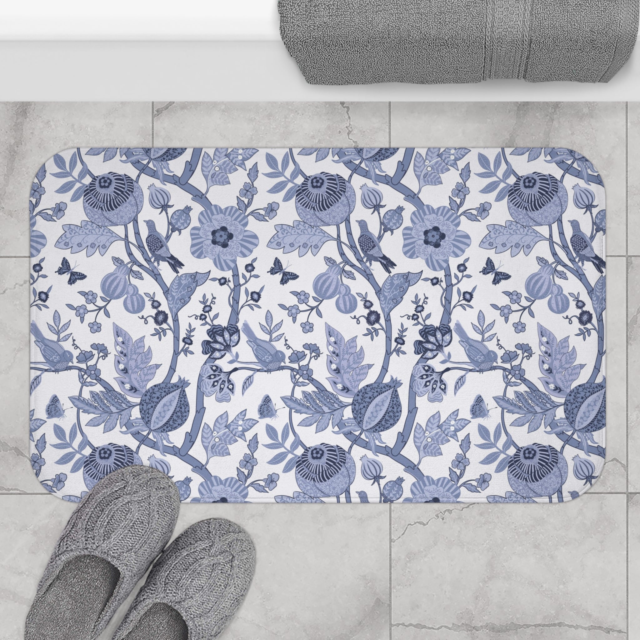 Chinoiserie Bath Mat | Blue White Floral Kitchen Mat