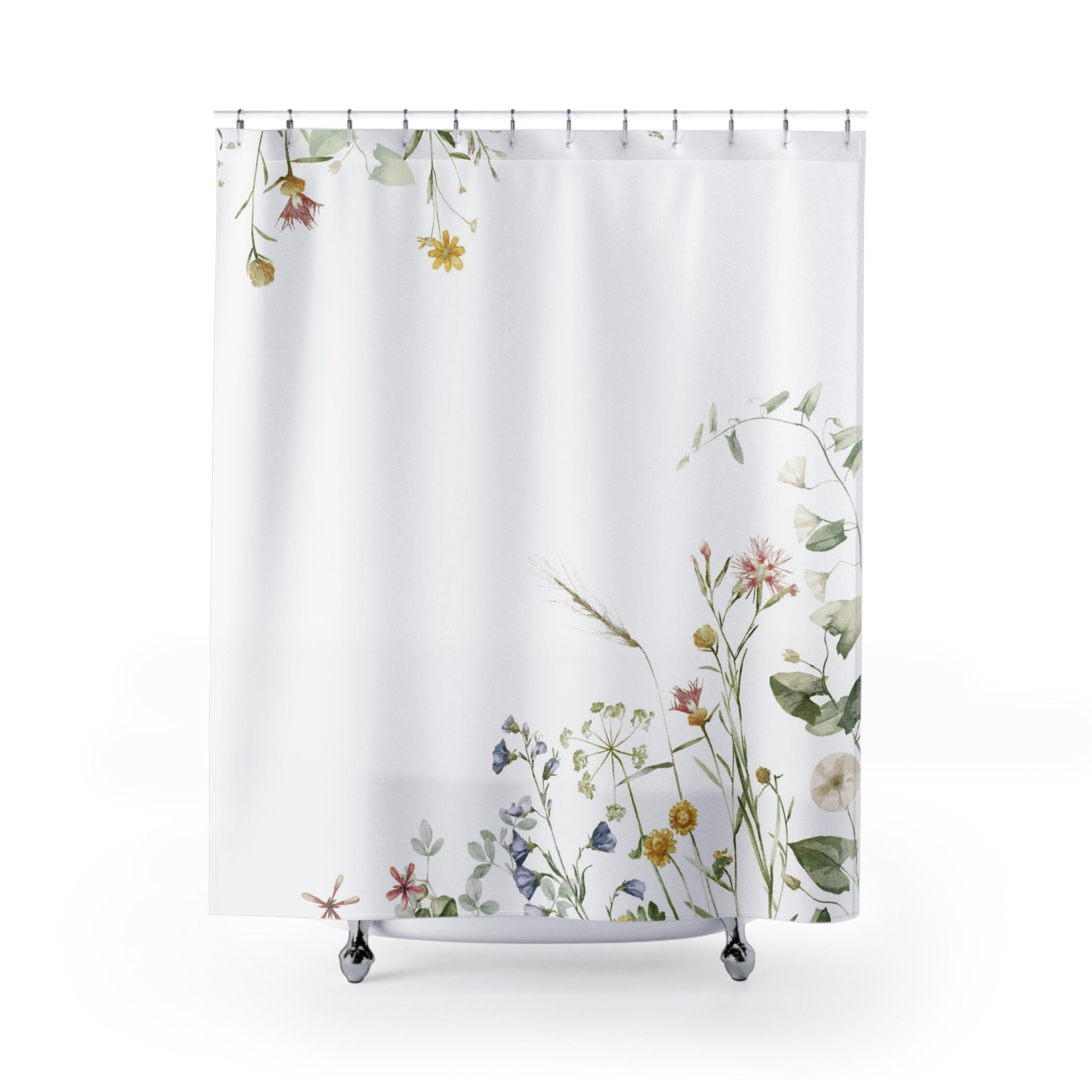 Floral Shower Curtain | Boho White Botanical Wildflowers
