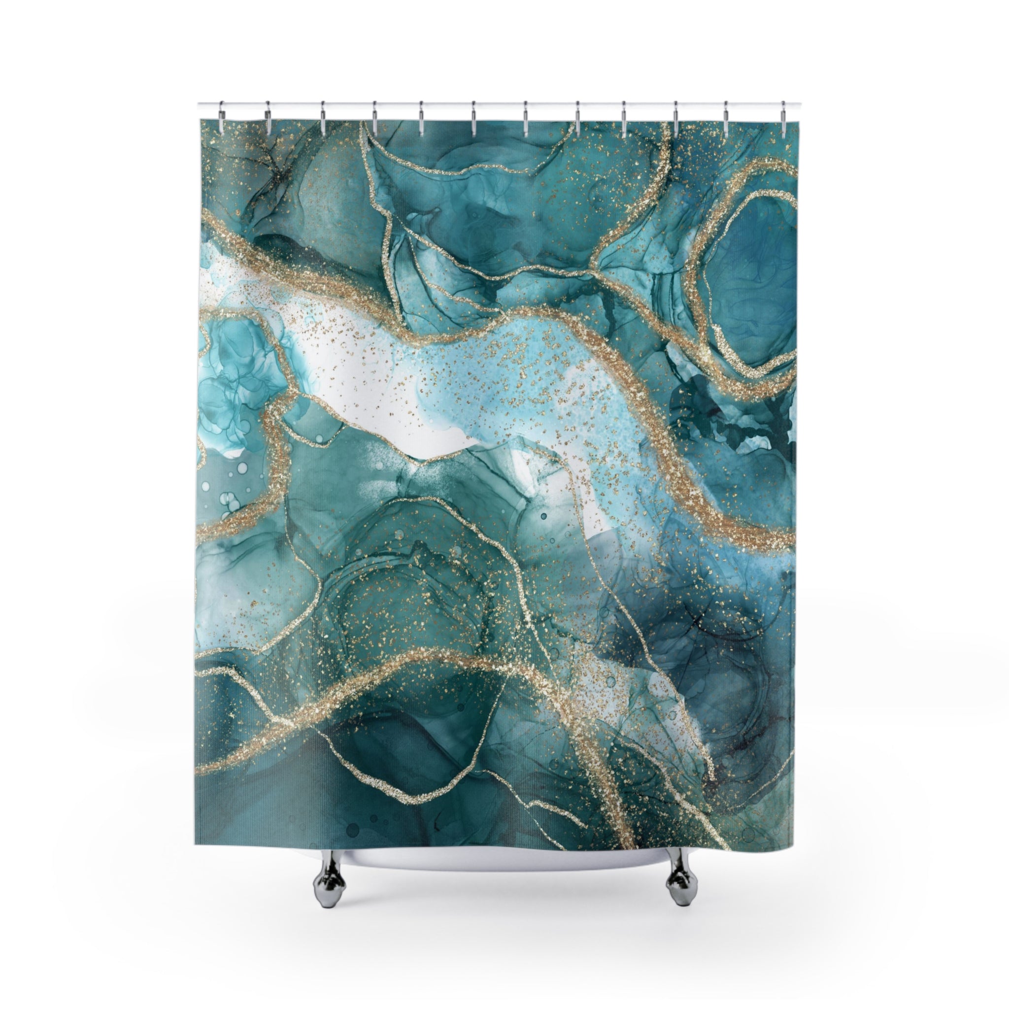 Liquid Ink Shower Curtain | Teal Non Foil Gold