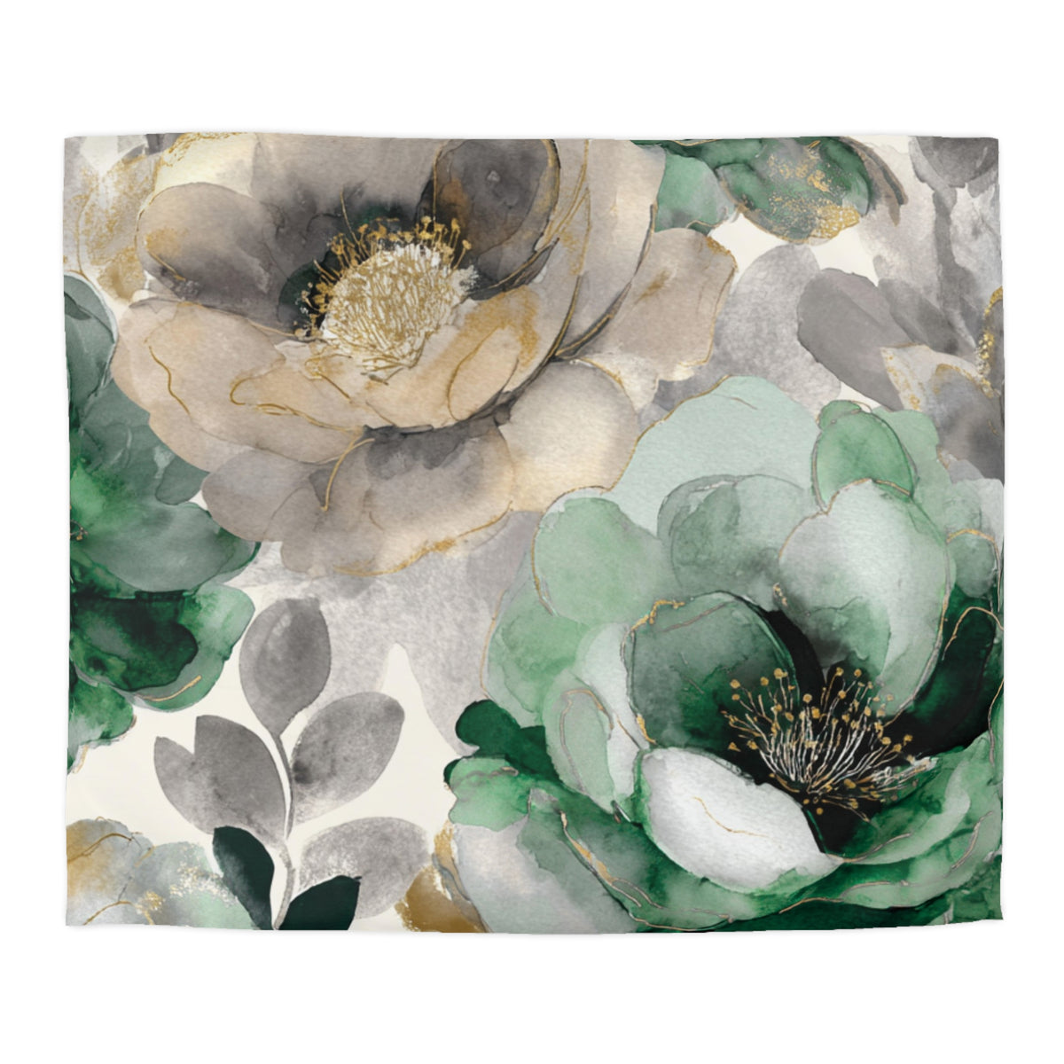 The image is a watercolor painting featuring two large, vibrant flowers with intricate details and a mix of green, gray, and white colors.