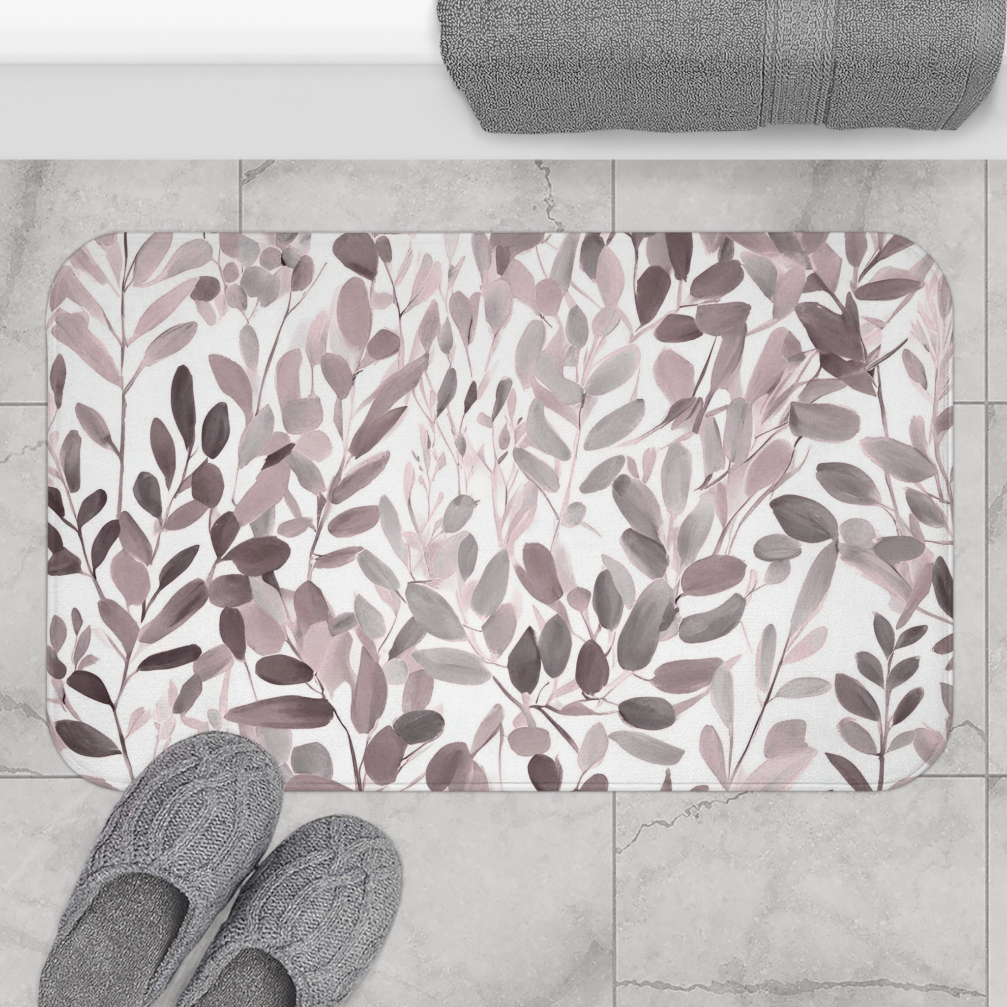 Floral Leaves Bath Mat | Grey Taupe Kitchen Mat