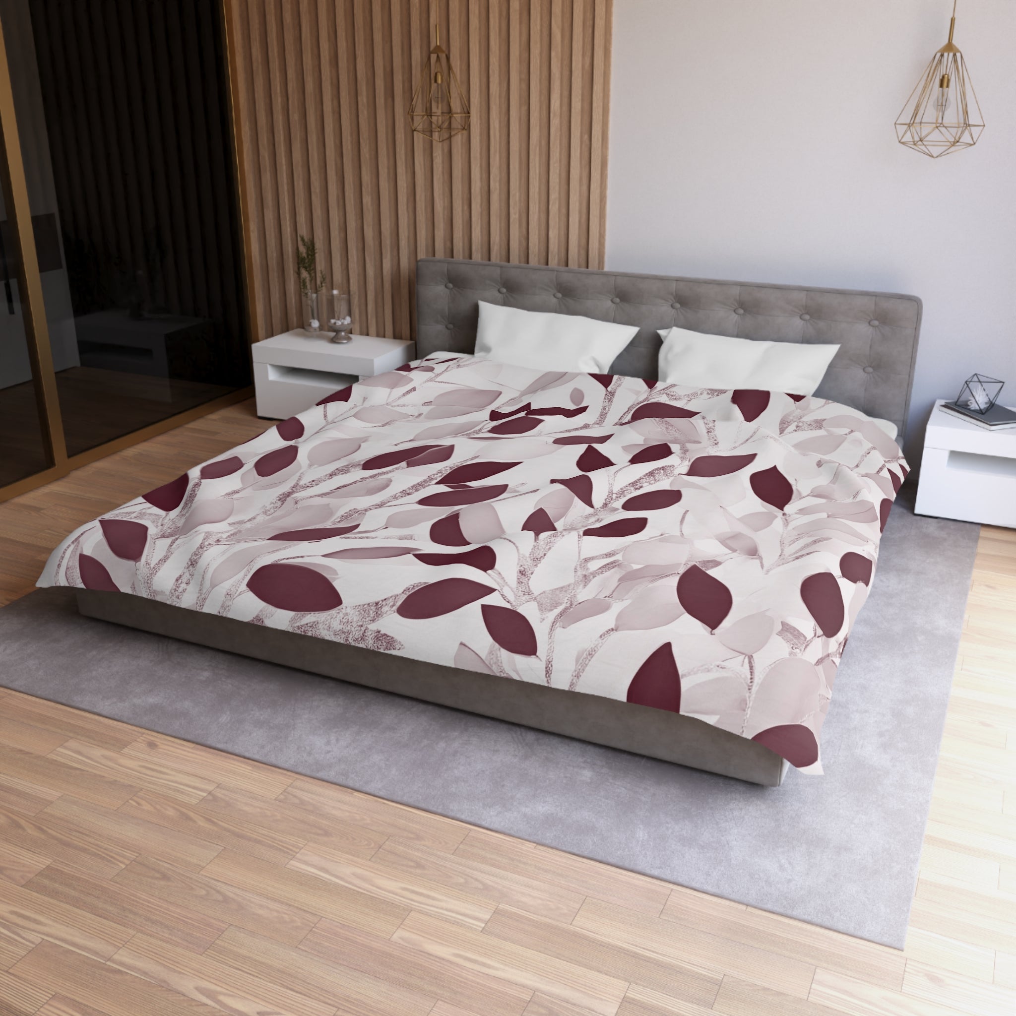 Abstract Floral Duvet Cover | Burgundy, Pink Leaves | Bedroom Decor