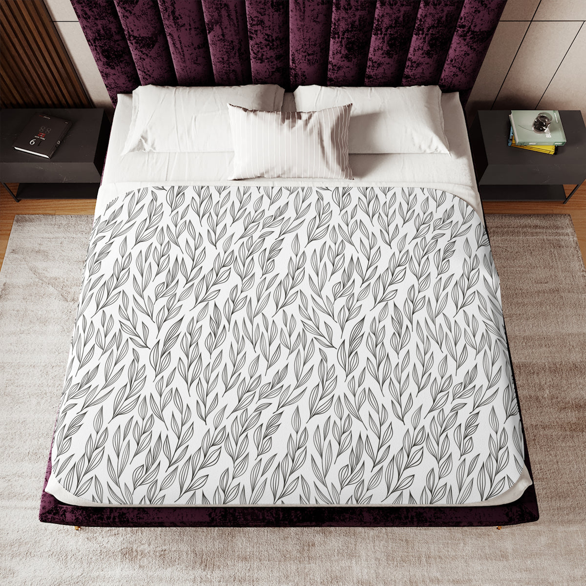 Black White Willow Leaf Sherpa Blanket | Minimalist Line Throw