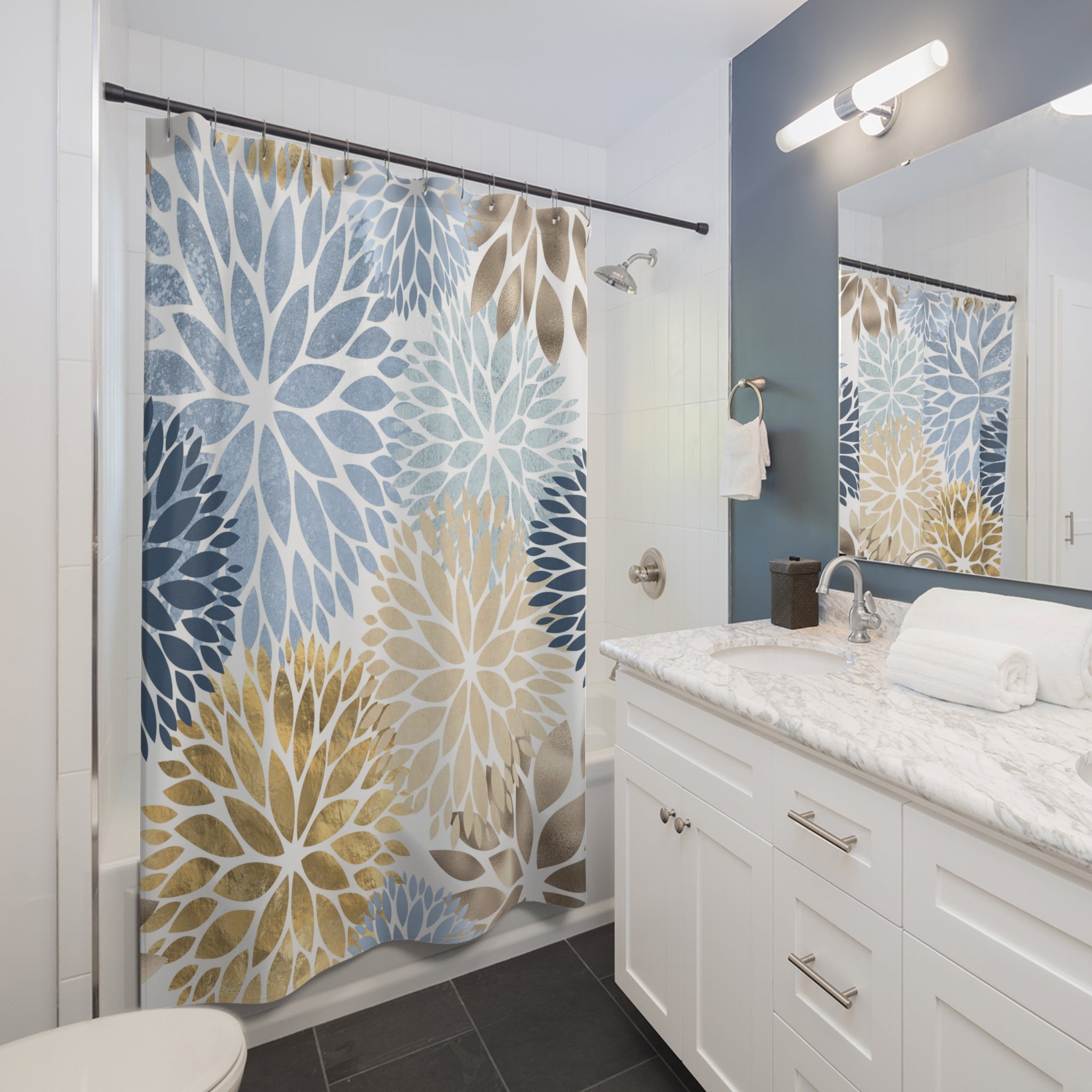 Floral Shower Curtain | Dhalia Blue, Beige, Gold