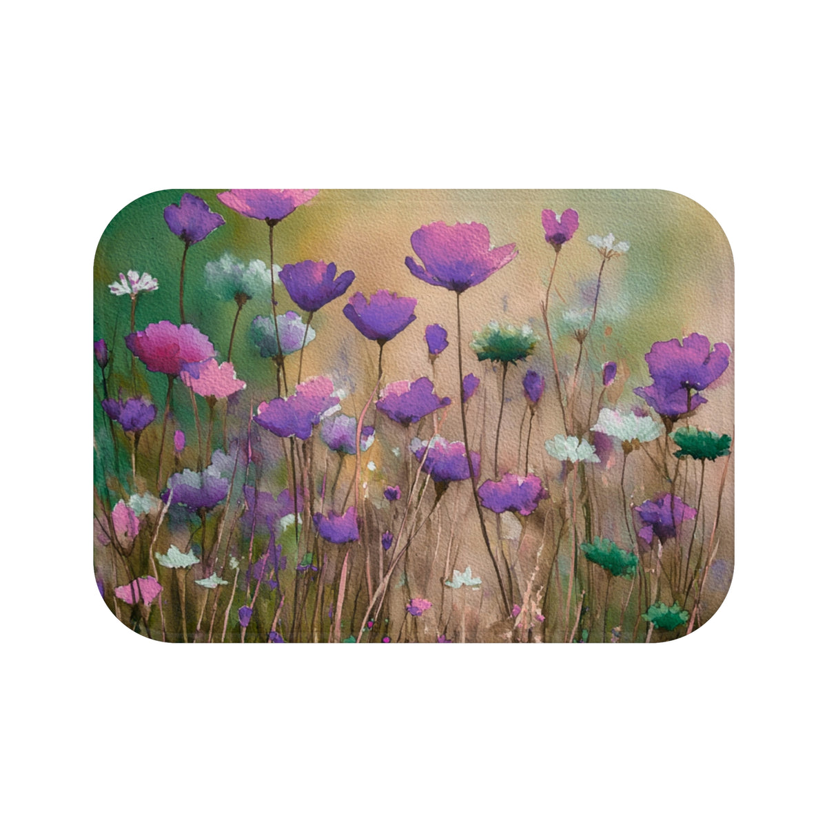 a field of purple and pink flowers, with various types of flowers and foliage.