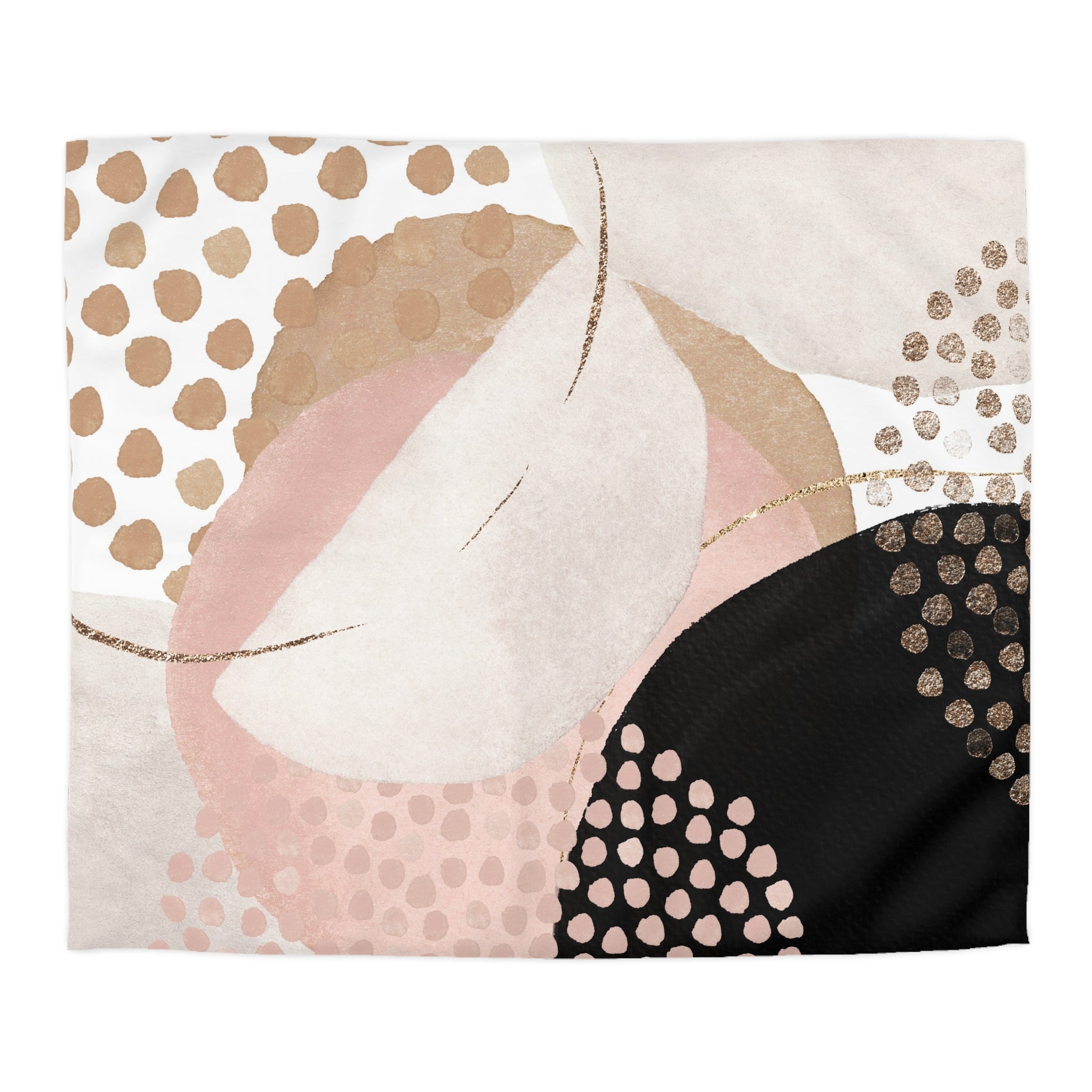 The image is a collage of abstract shapes and patterns in various colors, including pink, black, and white.