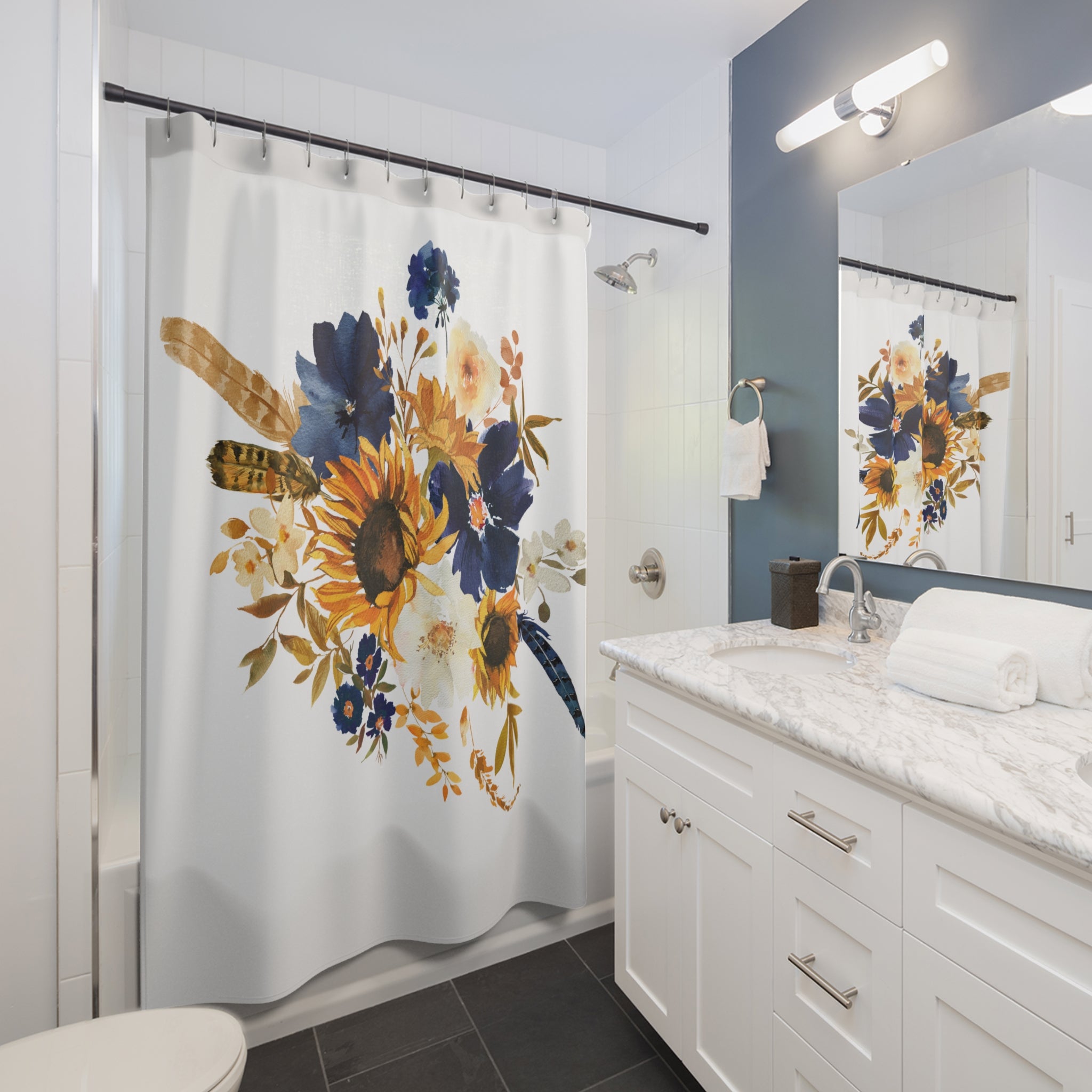 Bohemian Floral Shower Curtain | Boho Sunflowers, Yellow Blue White