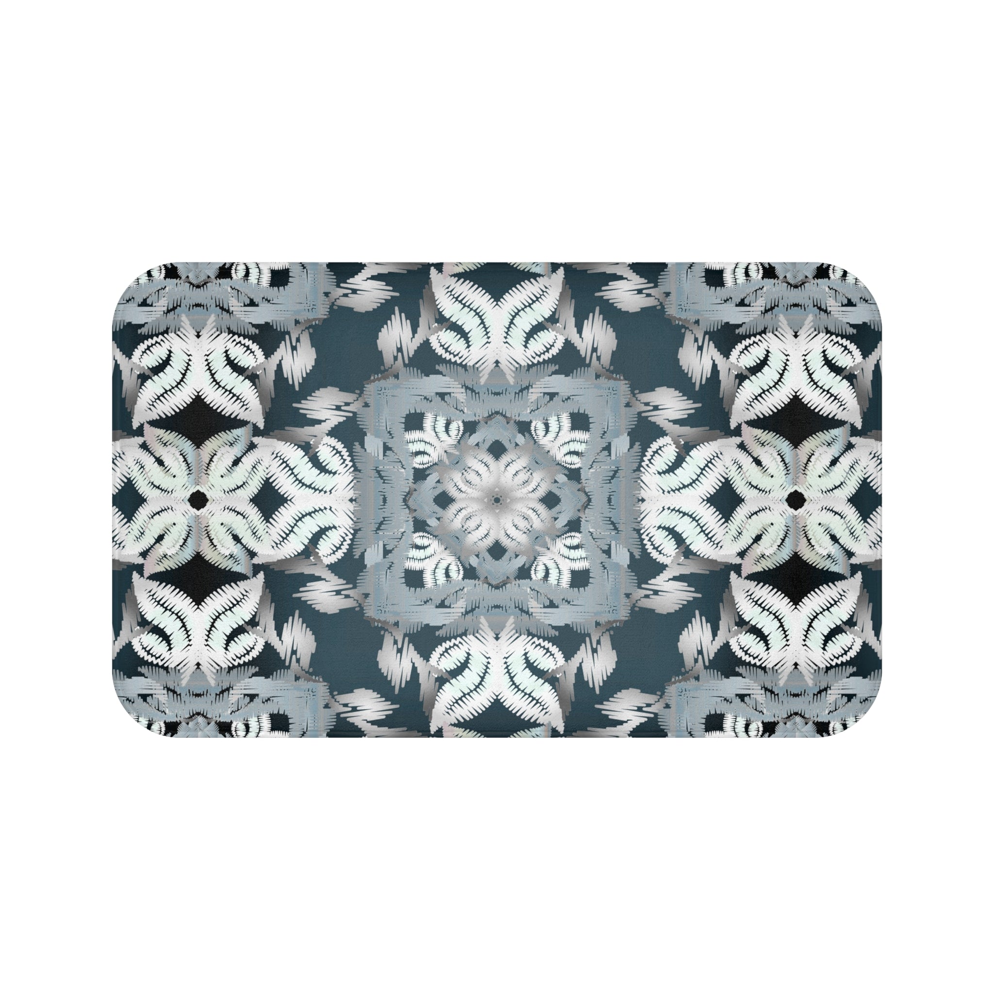 Geometric Moroccan Bath Mat | Grey Blue White Kitchen Mat