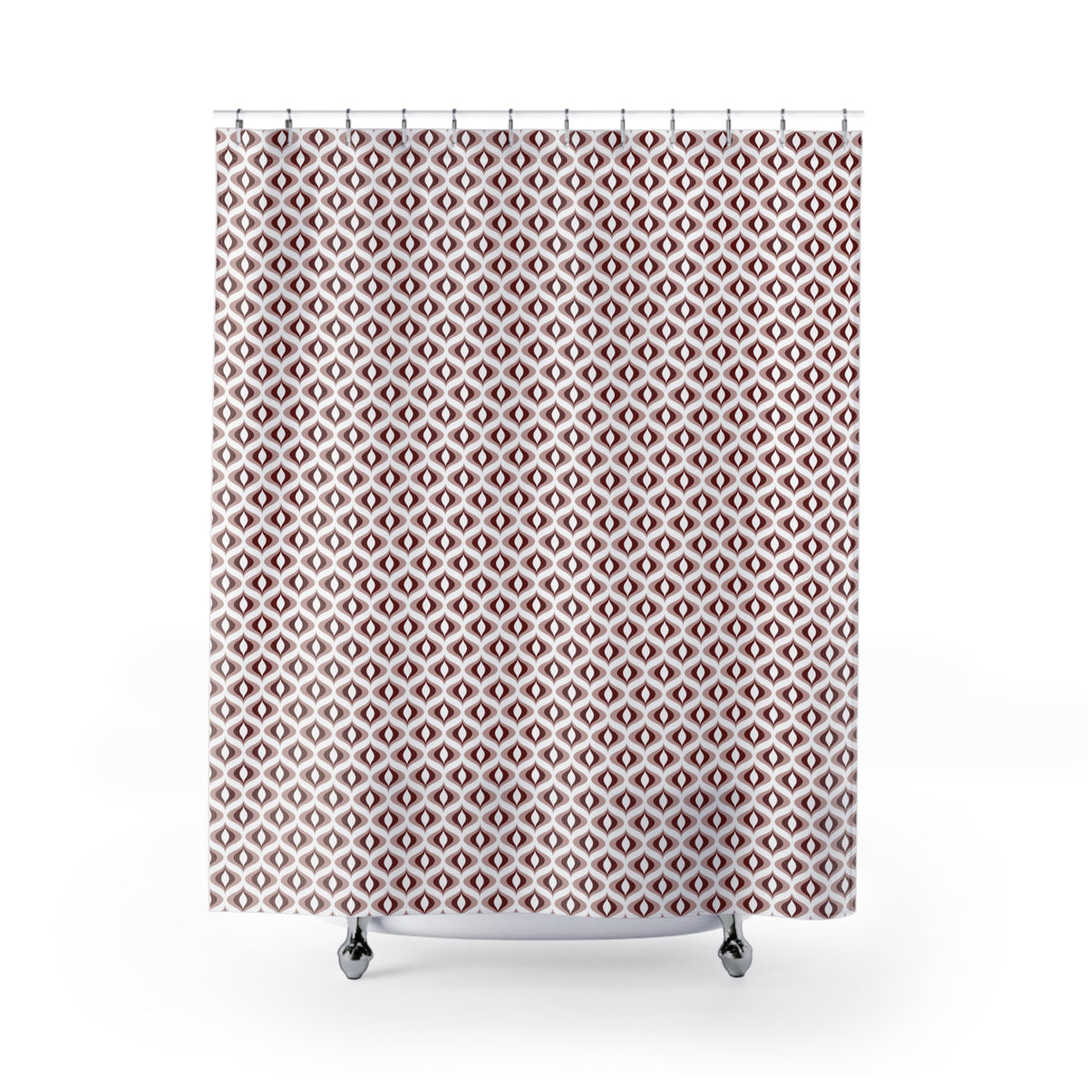 a shower curtain with a repeating pattern of brown diamonds on a white background.