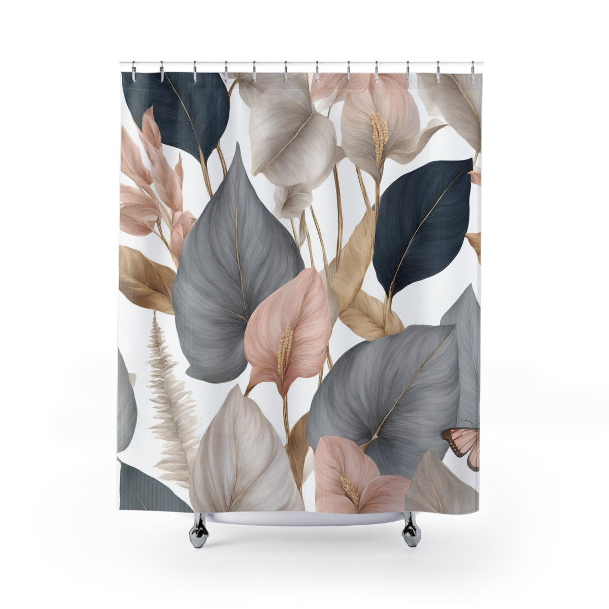 a shower curtain with a repeating pattern of large, colorful leaves in shades of pink, blue, and gray.