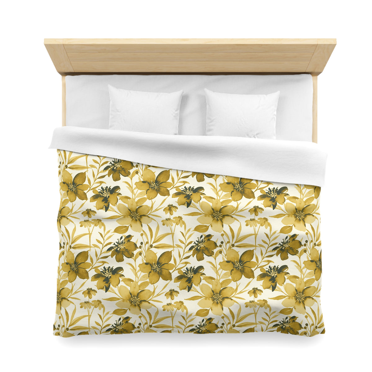 a neatly made bed with a floral print duvet cover and two white pillows.