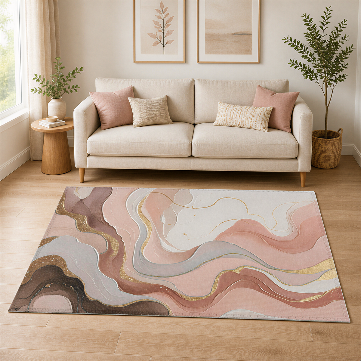 a living room with a beige sofa, a large abstract rug with pink and white swirls, and two potted plants. The room has a minimalist and modern design, with a large window providing natural light.