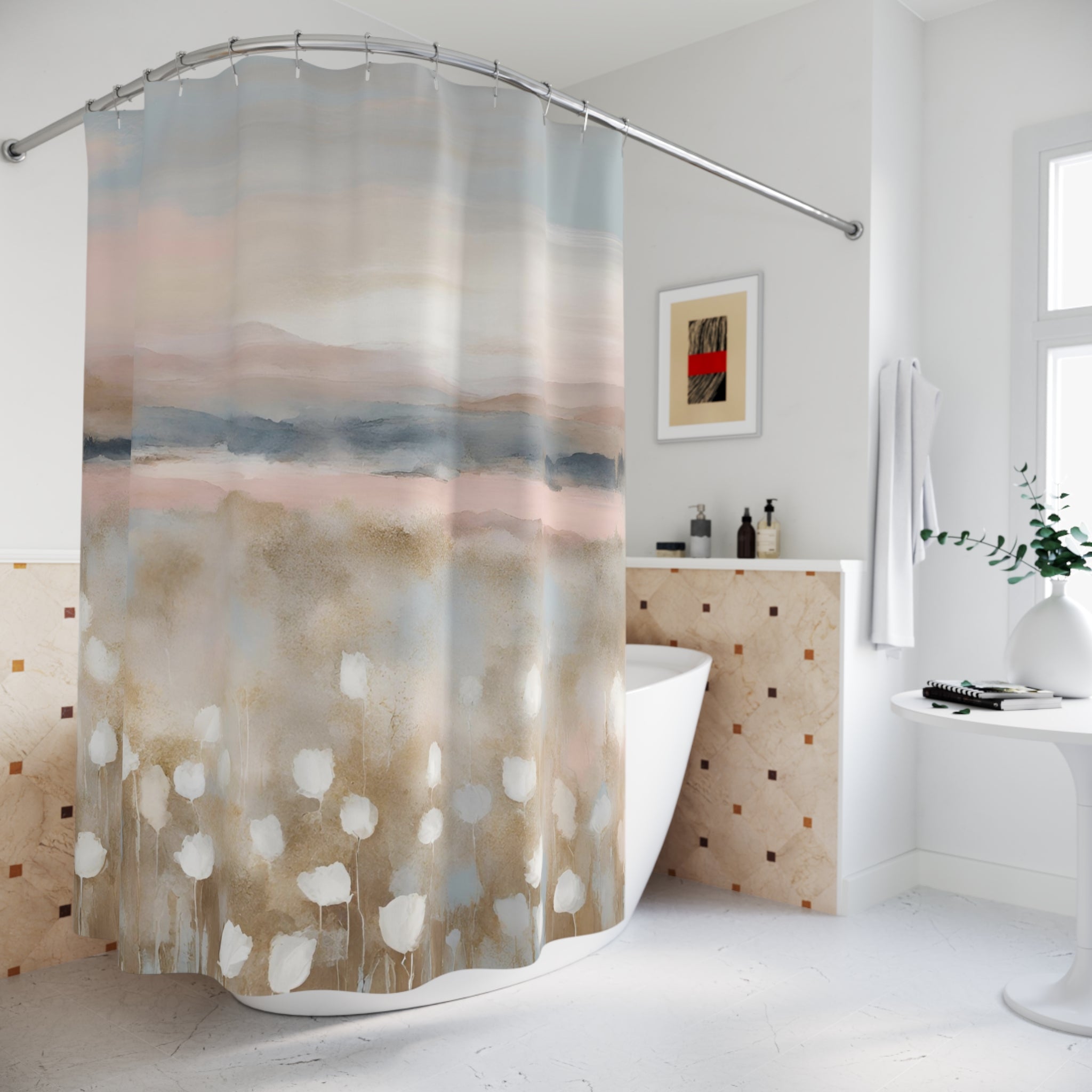 Boho Shower Curtain | Pink Blue Sky, Beige Meadow