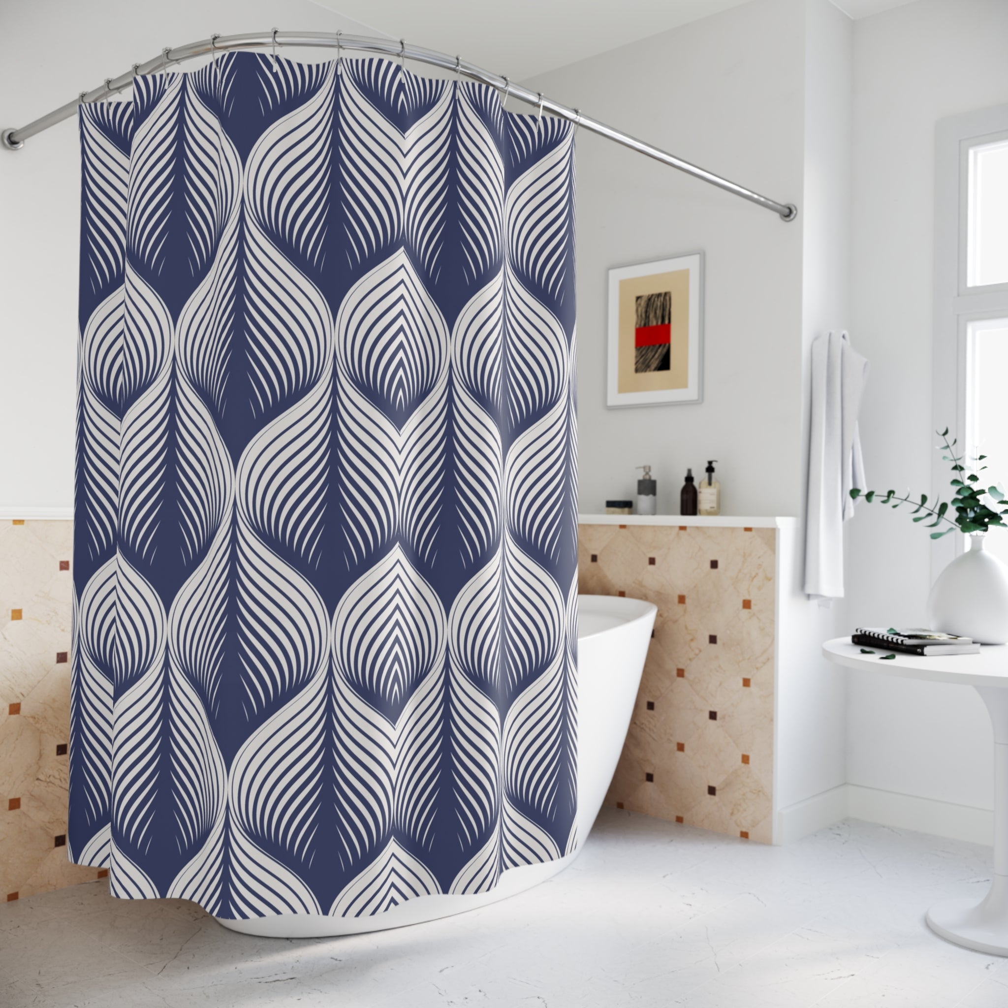 Boho Shower Curtain | Art Deco Pattern, Blue white