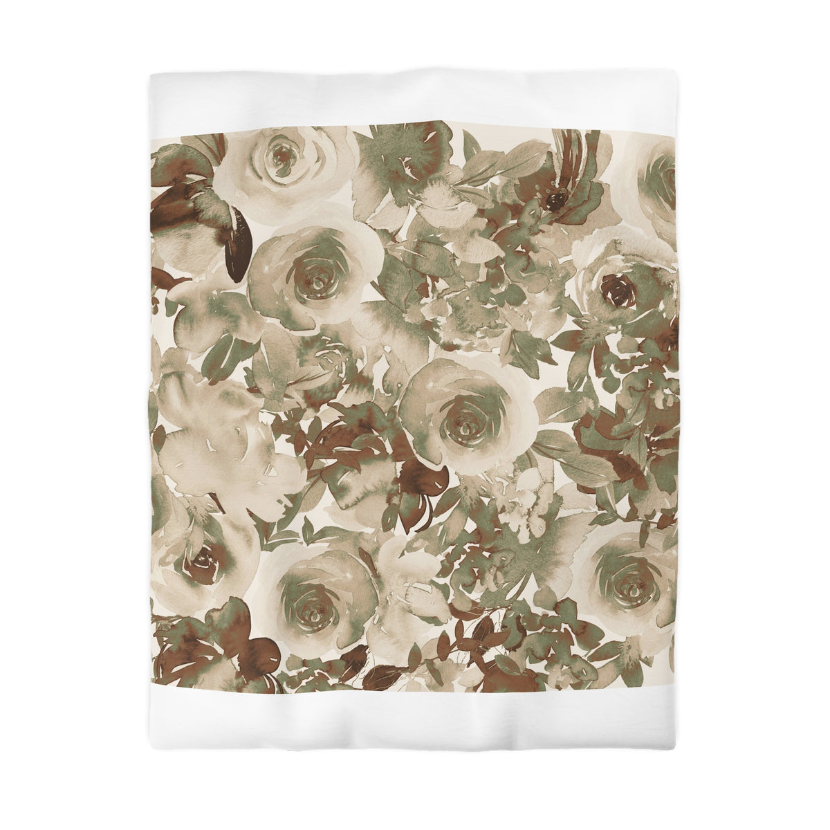 a floral pattern with various shades of green and brown flowers, including roses, against a white background.