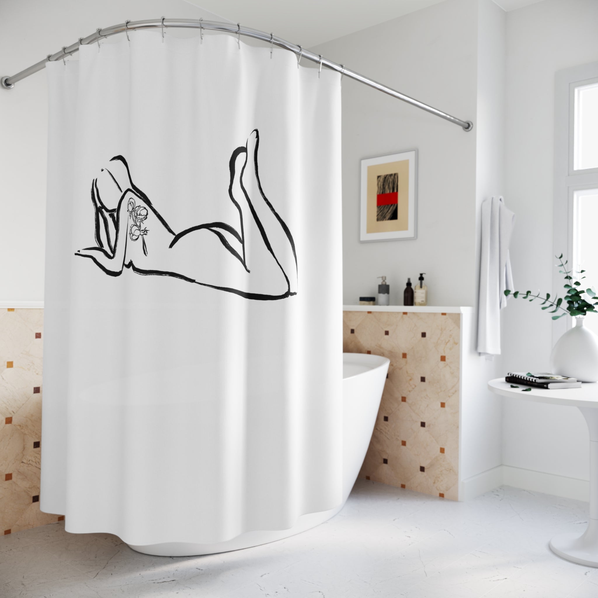 Line Art Shower Curtain | Black White Female Silhouette Bathroom Decor