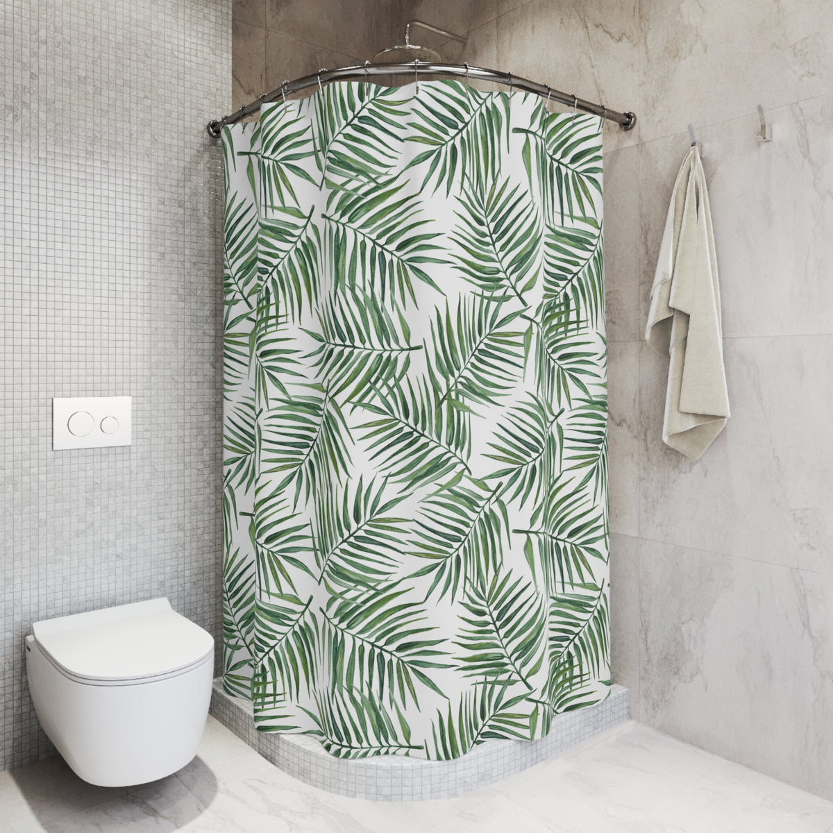 Green Palm Frond Watercolor Shower Curtain, Bath Curtain 71x74